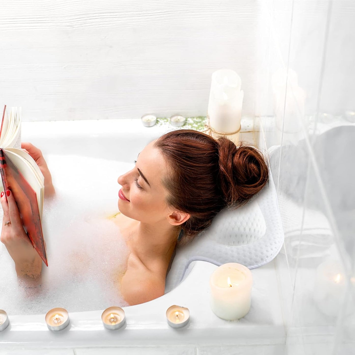Bath Pillow 4D Ergonomic Bath Pillow Neck and Back Support Bath Cushion Air Mesh Technology Bath Headrest Pillow Bath Pillows with Strong Suction Cups Fits All Bathtub, Hot Tub and Home Spa (White)