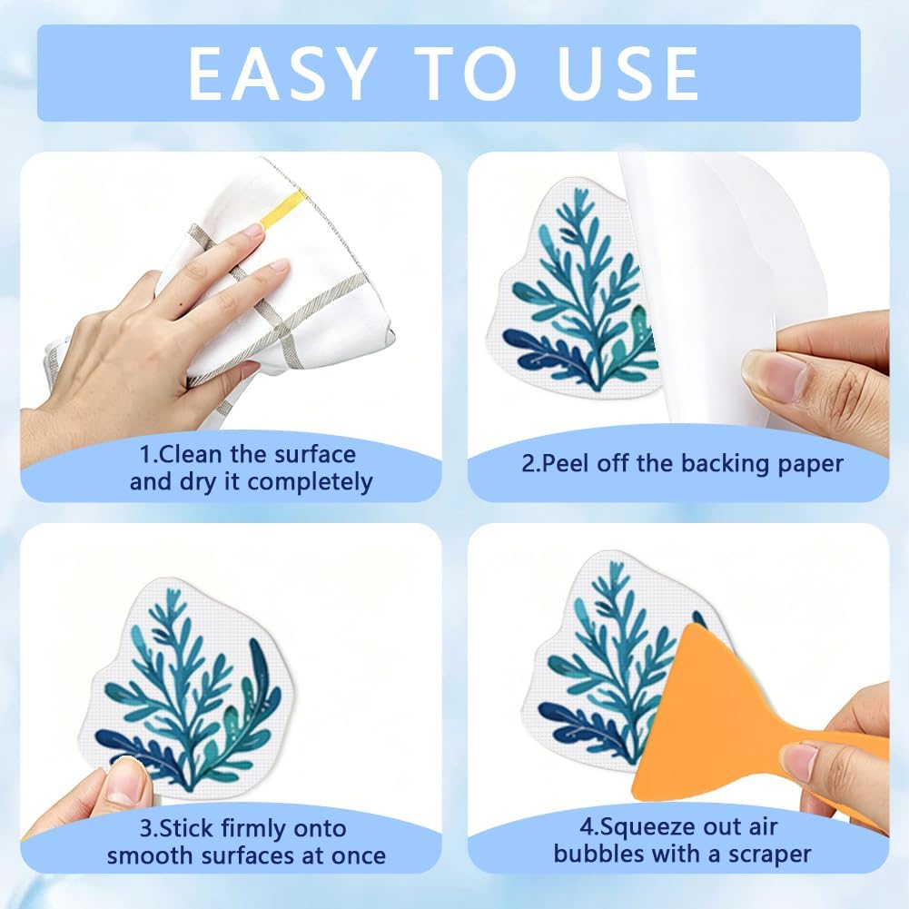28Pcs 28 Style Large Bathtub Stickers Blue Ocean Theme Design, Shower Floor Anti Slip Decals Sea Turtle Jellyfish Fish Self Adhesive Safety Grips with Scraper for Tub Tiles Bathroom Decor