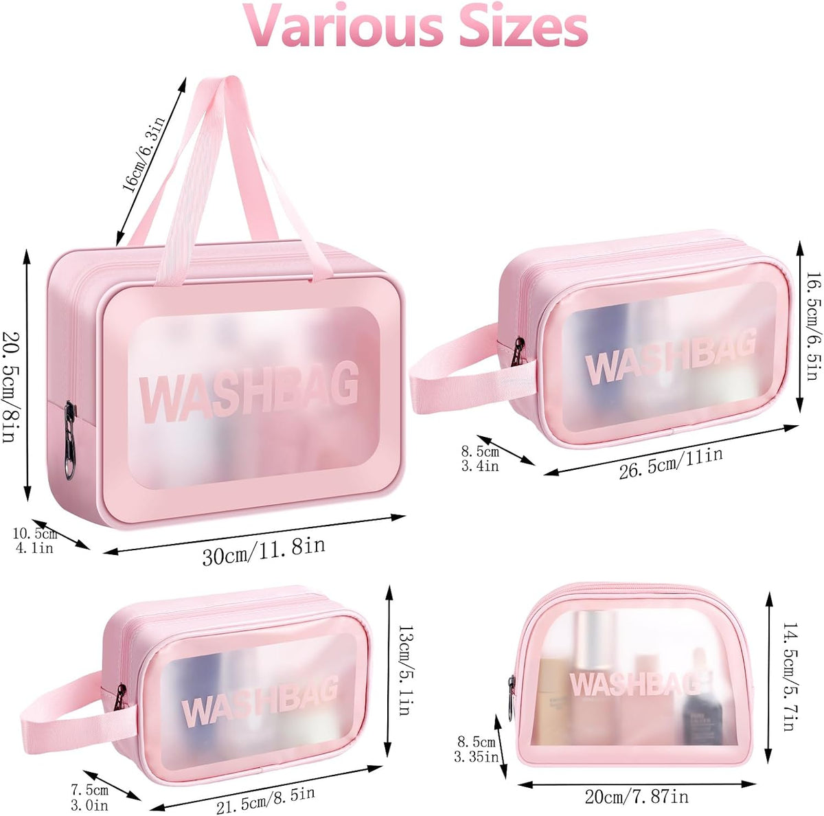 4 Pcs Clear Travel Toiletries Bag for Women, Travel Toiletry Bags Clear Wash Bag for Toiletries, PVC Waterproof Makeup Bag for Women and Girls (Pink)