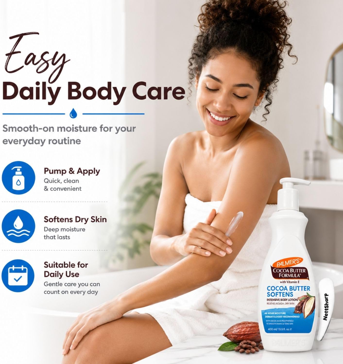 Palmer's Cocoa Butter Body Lotion 400ml with Pump and Cosmetic Spatula – Daily Moisturiser with Vitamin E for Dry Skin – 48Hr Hydration, Smoothes Marks and Evens Skin Tone
