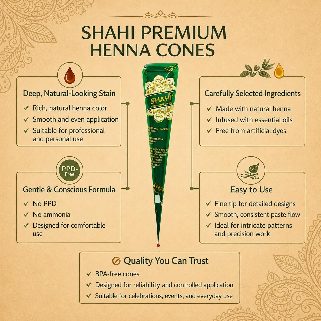 Shahi 100% Natural Henna Cones, Ready to Use Organic Henna Paste Cones, Mehandi Cone Made From Triple Sifted Henna Leaf Powder, Long-lasting Henna Paste for Festivals, Chemical-free (Pack of 3)