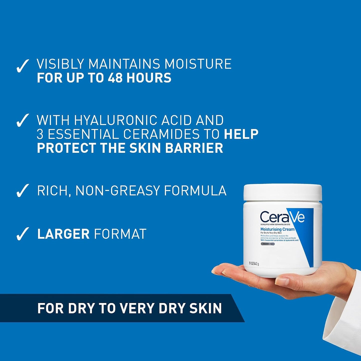 CeraVe Moisturising Cream for Dry to Very Dry Skin With 3 Essential Ceramides, Hyaluronic Acid, Face & Body Cream, Fast Absorbing, Dermatologist Developed, 562ml