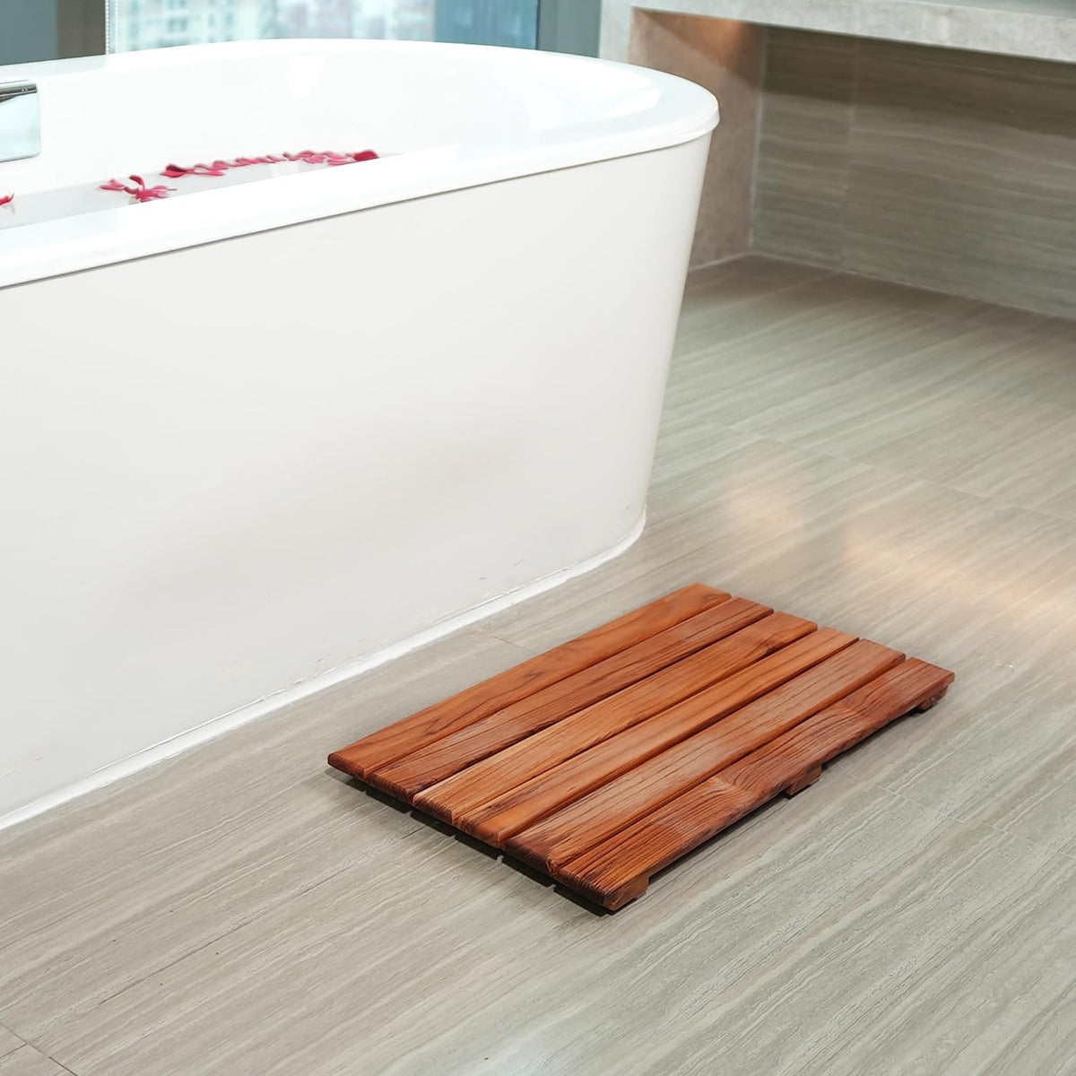 VaeFae Teak Shower Mat, Non-Slip Bath Mat, Luxury Spa Mat, Wooden Mat for Bathtub, 50.8 x 33 cm
