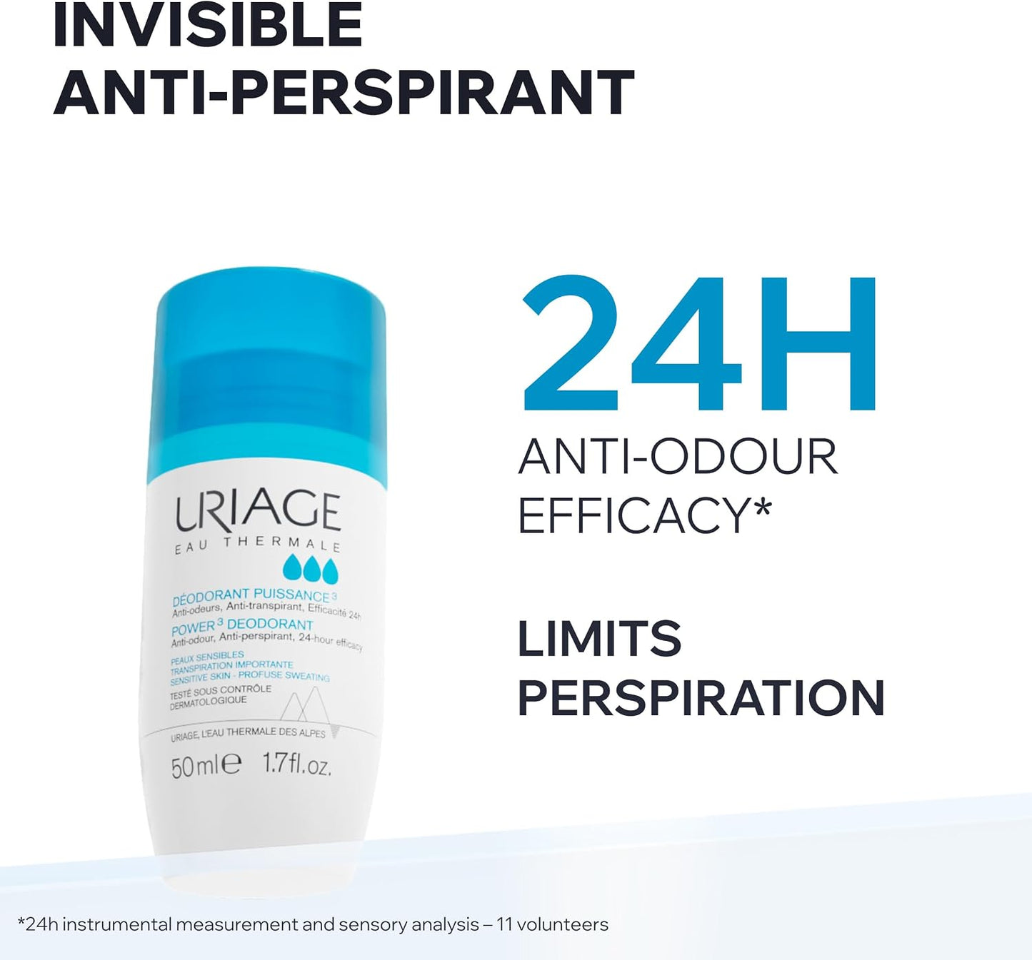 Uriage Power3 Antiperspirant Deodorant Roll-On - 24H Sweat & Odor Efficacy - Dry Touch - No White Marks - No Yellow Stains - Fresh Unisexe Scent - Long-Lasting formula - Alcohol-Free - Hypoallergenic