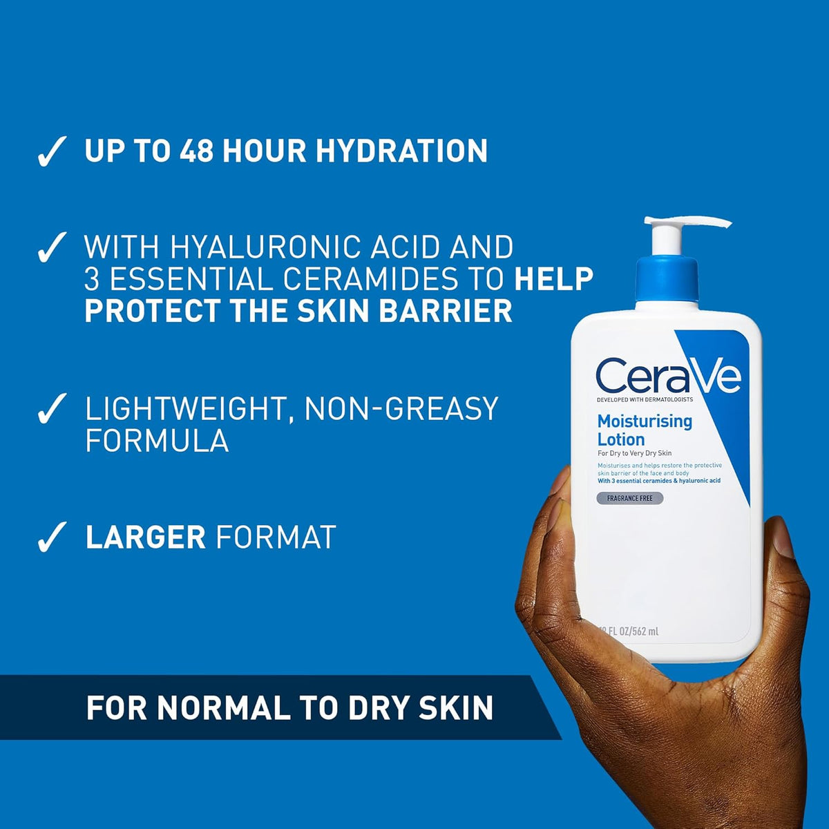 CeraVe Moisturising Lotion with Ceramides for Dry to Very Dry Skin, 562ml | Lighweight Daily Hydrating Face & Body Moisturiser with Hyaluronic acid, MVE technology. Fragrance-Free.