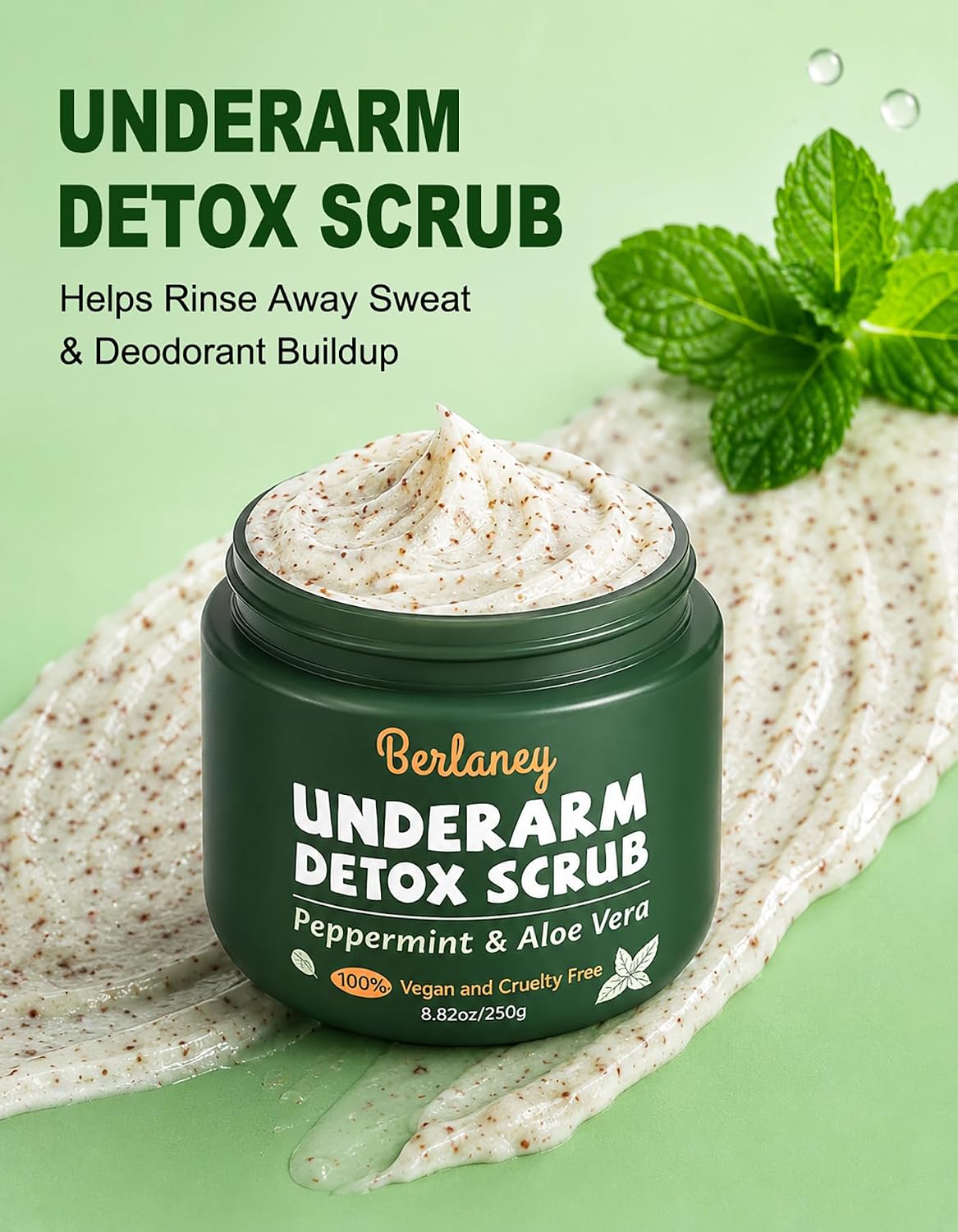 Body Scrub and Armpit Detox Scrub 8.8 oz with Peppermint, Aloe Vera and Walnut Shell Powder, Underarm Scrub Helps on Removing Odor, Deep Cleanse & Exfoliating, for Legs, Knee, Feet, Hands Whole Body