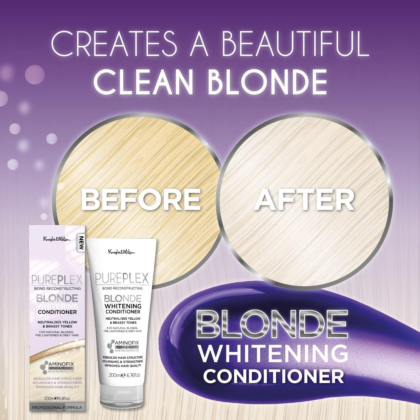 Knight & Wilson PurePlex Blonde Conditioner, for Blonde, Platinum & Grey/Silver Hair, Reduce Brassy Yellow Tones, Toner for Bleached & Highlighted Hair, Cruelty Free, No Parabens or Sulphates, 200ml