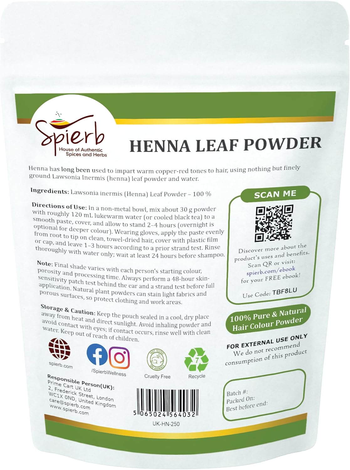Spierb Henna Powder for Hair (250 g) | 100 % Natural Hair Dye | Use this Long Lasting Henna Hair Dye for Copper Red or Blend with Indigo powder for Dark Brown/Jet Black Hair Colour