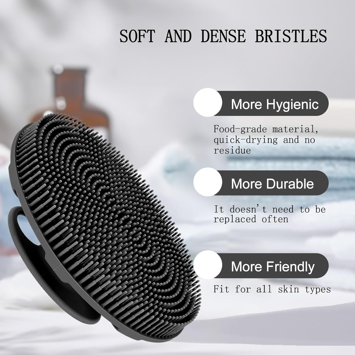 INNERNEED Food-Grade Soft Silicone Body Scrubber Shower Brush, Black | Handheld Cleansing Skin Brush, Gentle Exfoliating and Lather Well, Hygienic Bath Scrub for Women, Men