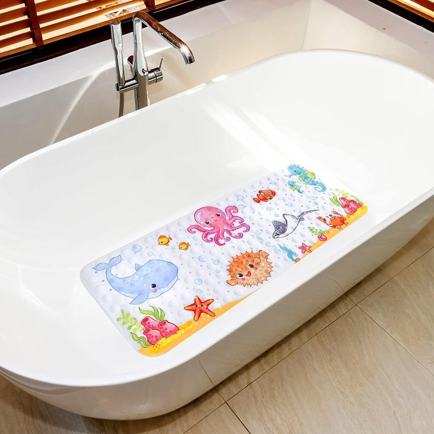 LATERN Bathtub Mat for Kid, 100CM x 40CM Extra Long Bath Tub Mat Anti Slip Shower Mat with Suction Cups and Drain Holes for Bathroom Wet Floor - Machine Washable (Octopus)