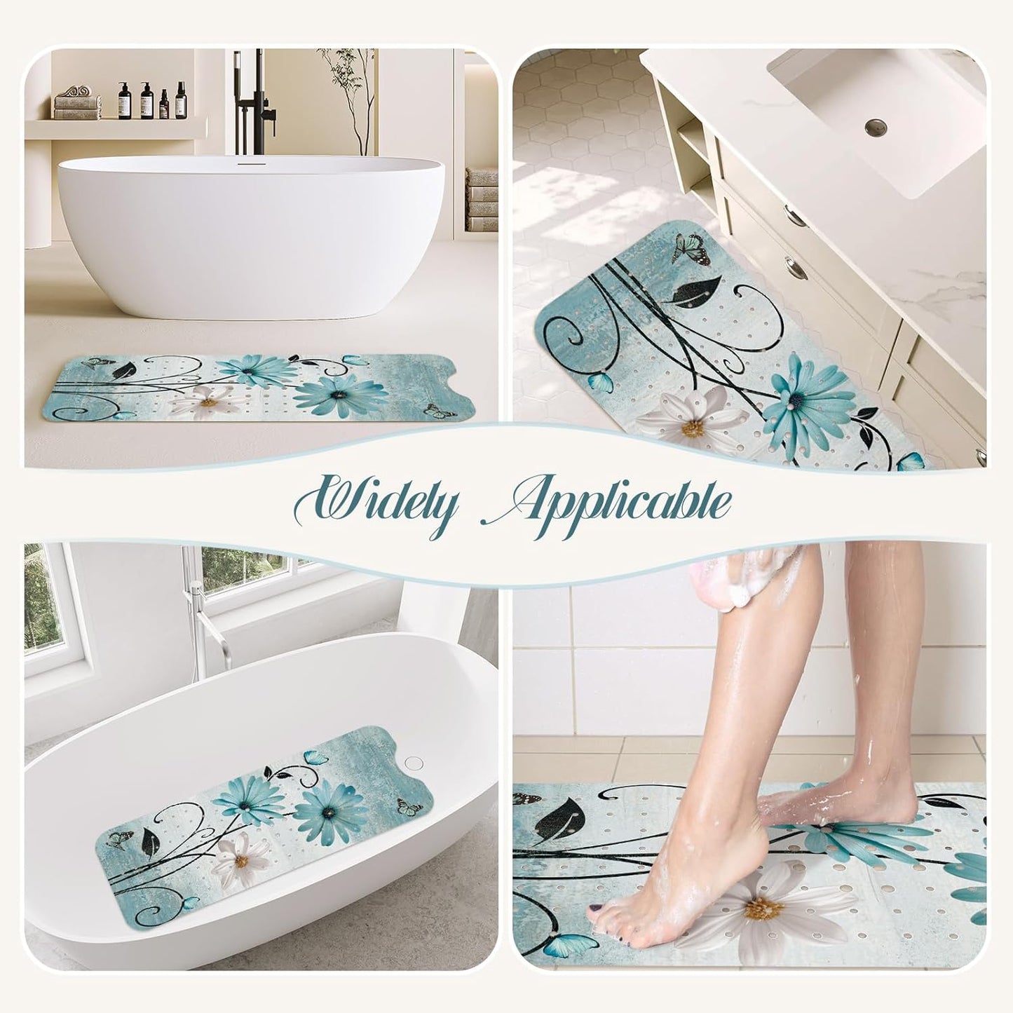 SHUCHING Turquoise Daisy Flower Bath Mat Non Slip Anti Mould, 100 X 40 cm Extra Long Bathtub Mat Anti Slip, Shower Mat Non Slip Anti Mould for Bathroom Machine Washable