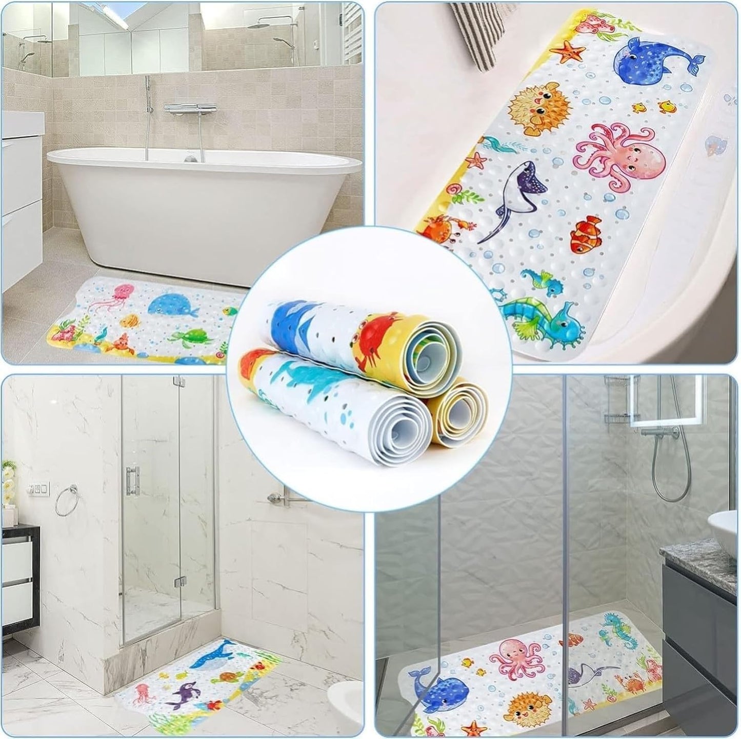 LATERN Bathtub Mat for Kid, 100CM x 40CM Extra Long Bath Tub Mat Anti Slip Shower Mat with Suction Cups and Drain Holes for Bathroom Wet Floor - Machine Washable (Octopus)