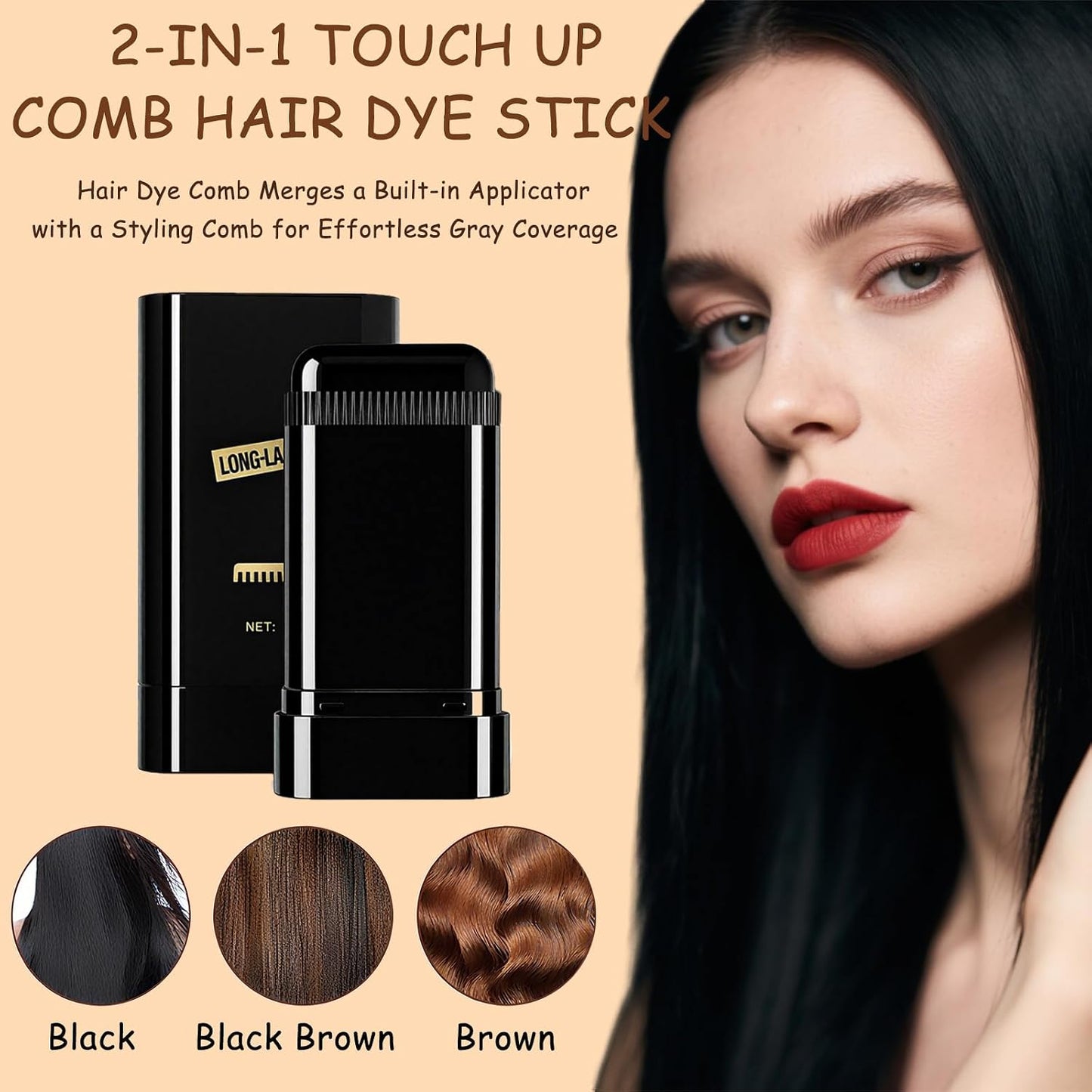 Safe and Convenient Hair Dye Comb, Waterproof Sweat-Proof Hair Dye Stick with Comb, 2-In-1 Quick Touch-Ups Dye Comb for Women & Men (Coffee)