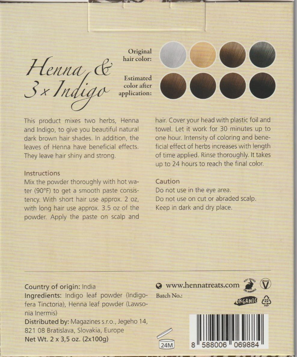 Henna & 3xIndigo Powder - Dark Brown Hair Dye - Fresh & Pure Organic - 200g - Indian Natural Hair Care