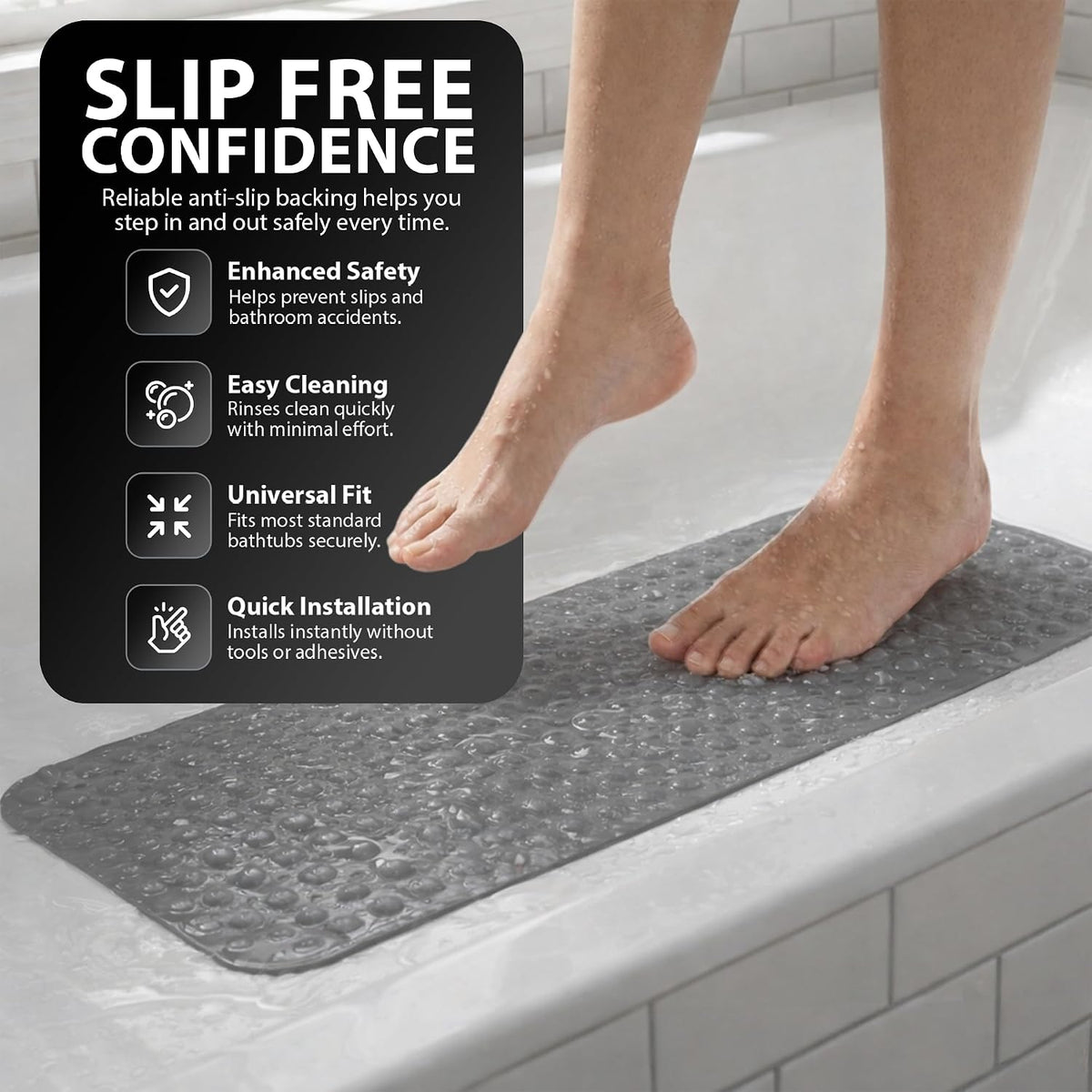 ZENO Bath Mat 100x40cm | Non-Slip Anti-Mould | 200 Suction Cups with Drain Holes | Large Rubber | Machine Washable & Durable | Grey