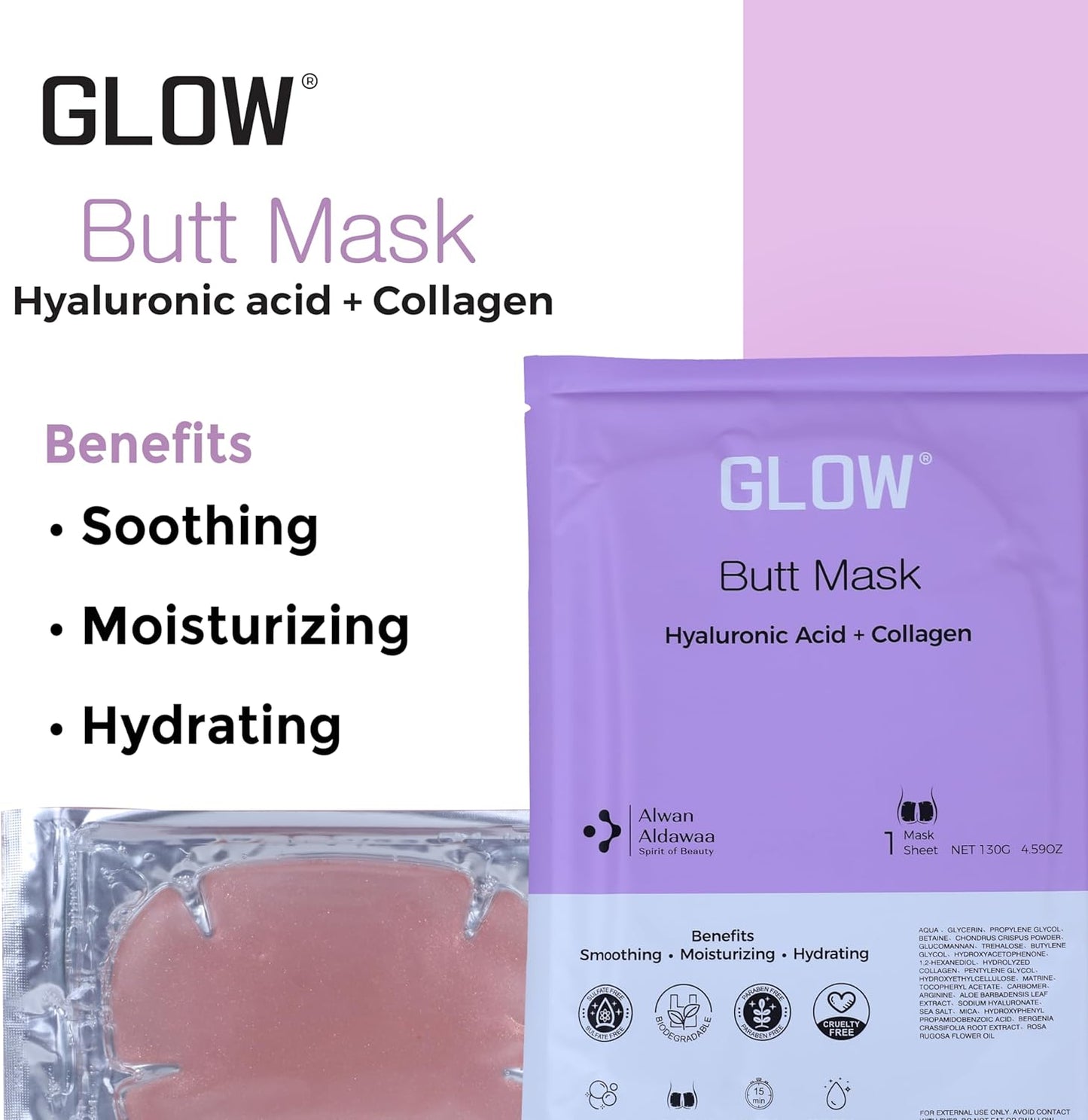 GLOW Butt Mask for Buttocks with Hyaluronic Acid & Collagen - Hydrating, Soothing & Moisturising Hydrogel Body Mask, 1 Mask Sheet