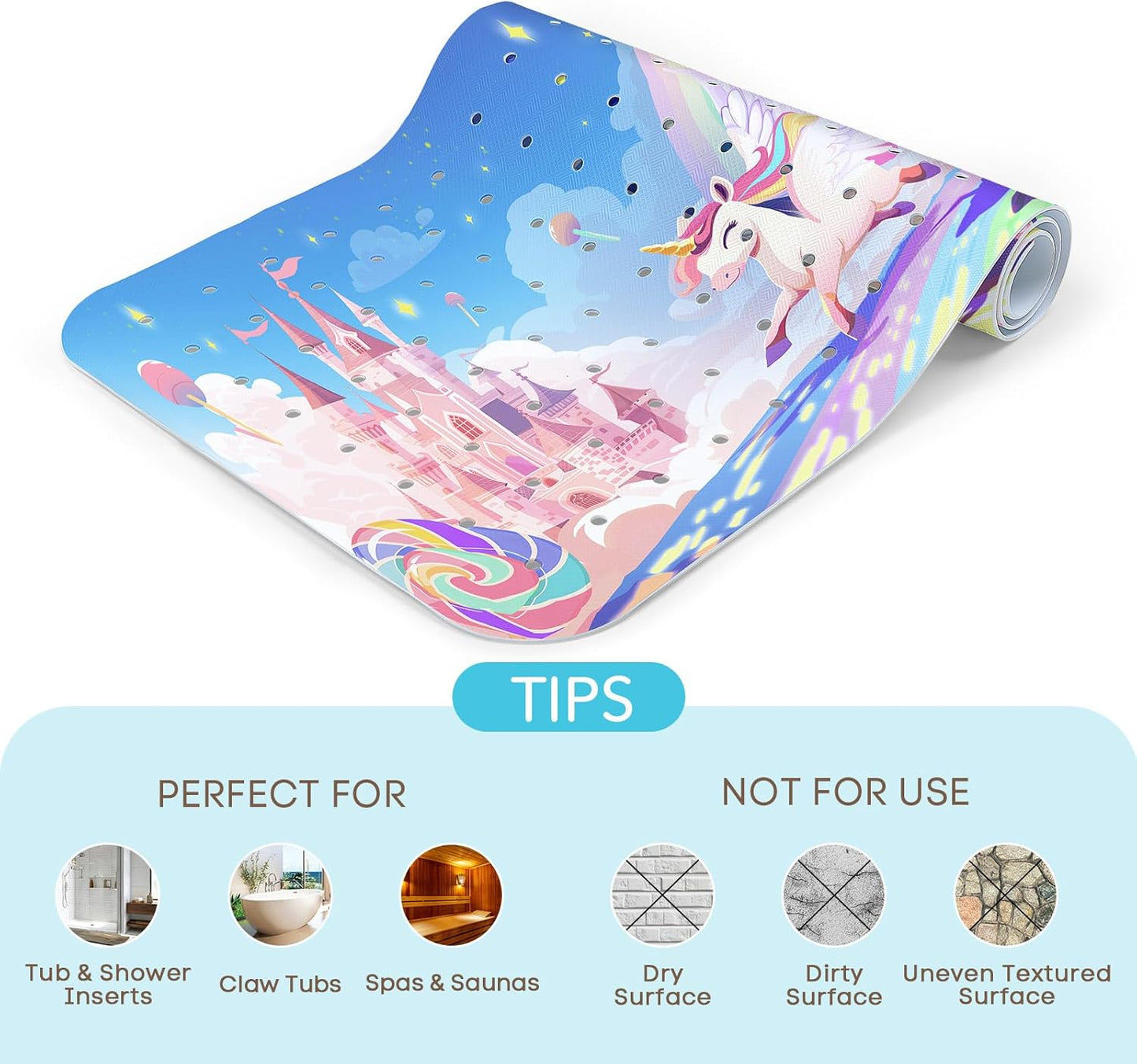 SHUCHING Kids Bath Mat Non Slip, Unicorn Baby Bathtub Mat Anti Slip 100 X 40 cm Extra Long, Girls Shower Mat Non Slip Anti Mould for Bathroom Machine Washable