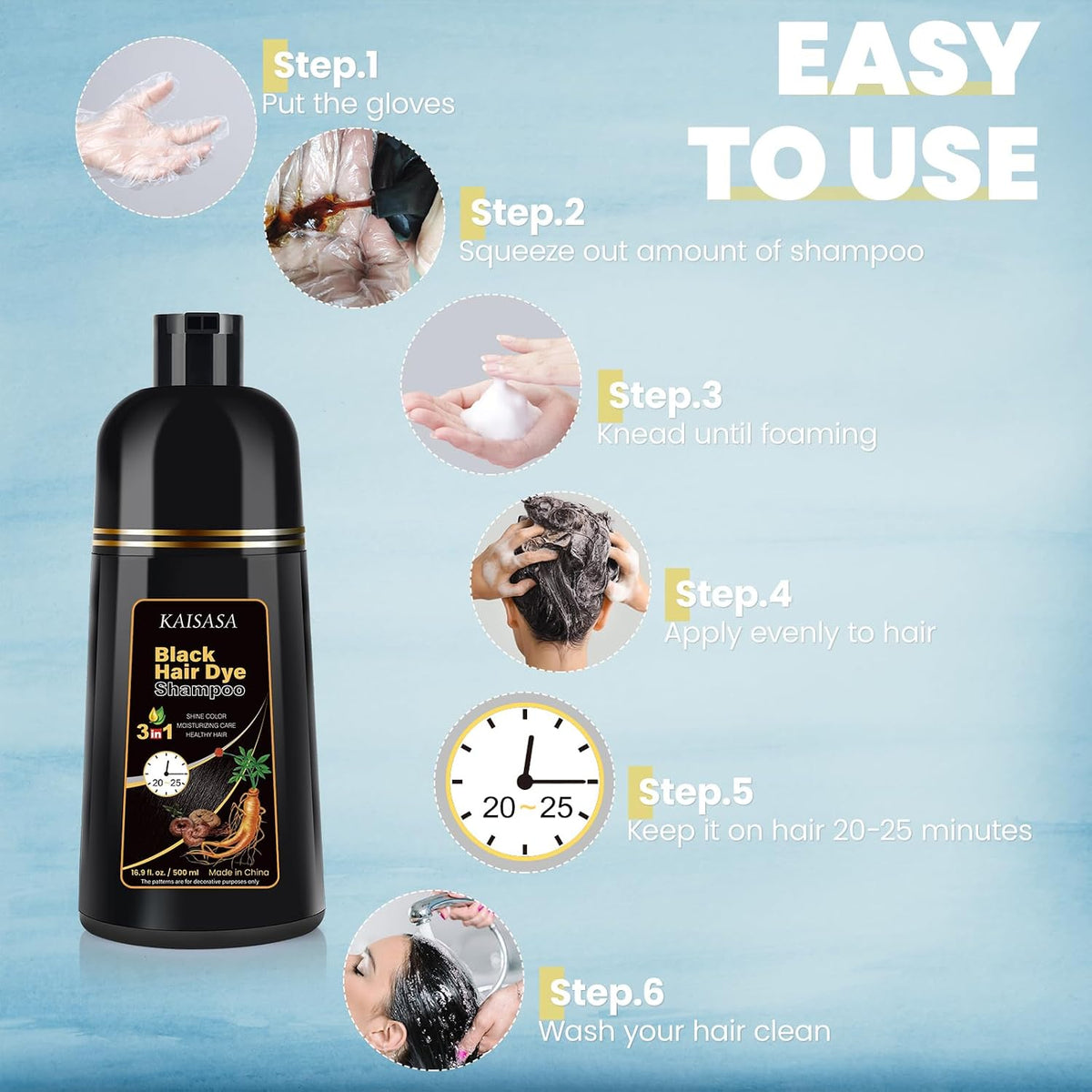 Black Hair Dye Shampoo 3 in 1, Natural Hair Dye Semi Permanent Color, Gray Hair Cover Up for Treated Color for Women and Men, 500ML