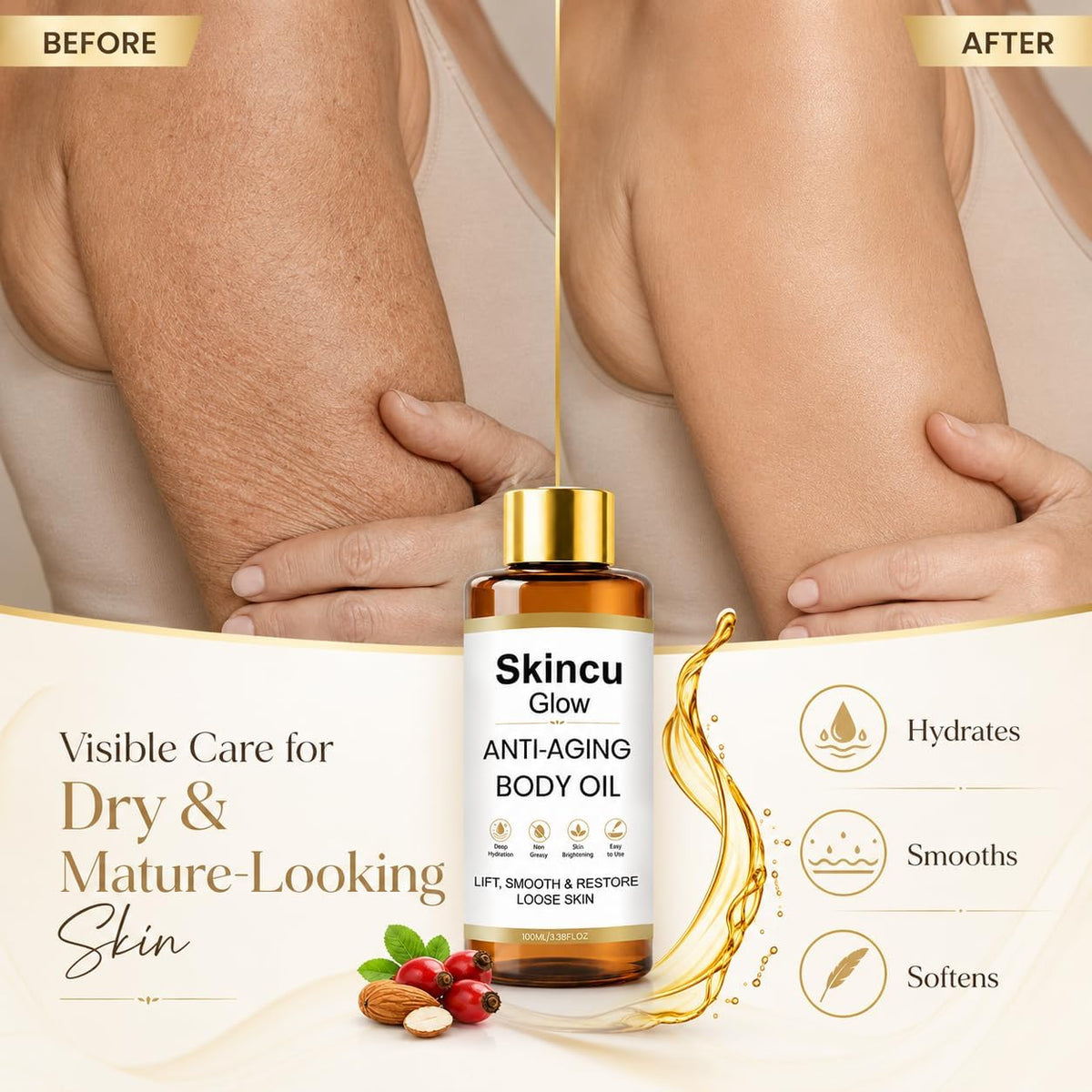 Skincu Anti Aging Body Oil for Women, Firming Body Oil for Dry Mature-Looking Skin, Lightweight Non Greasy Moisturising After Shower Massage Oil 100ml