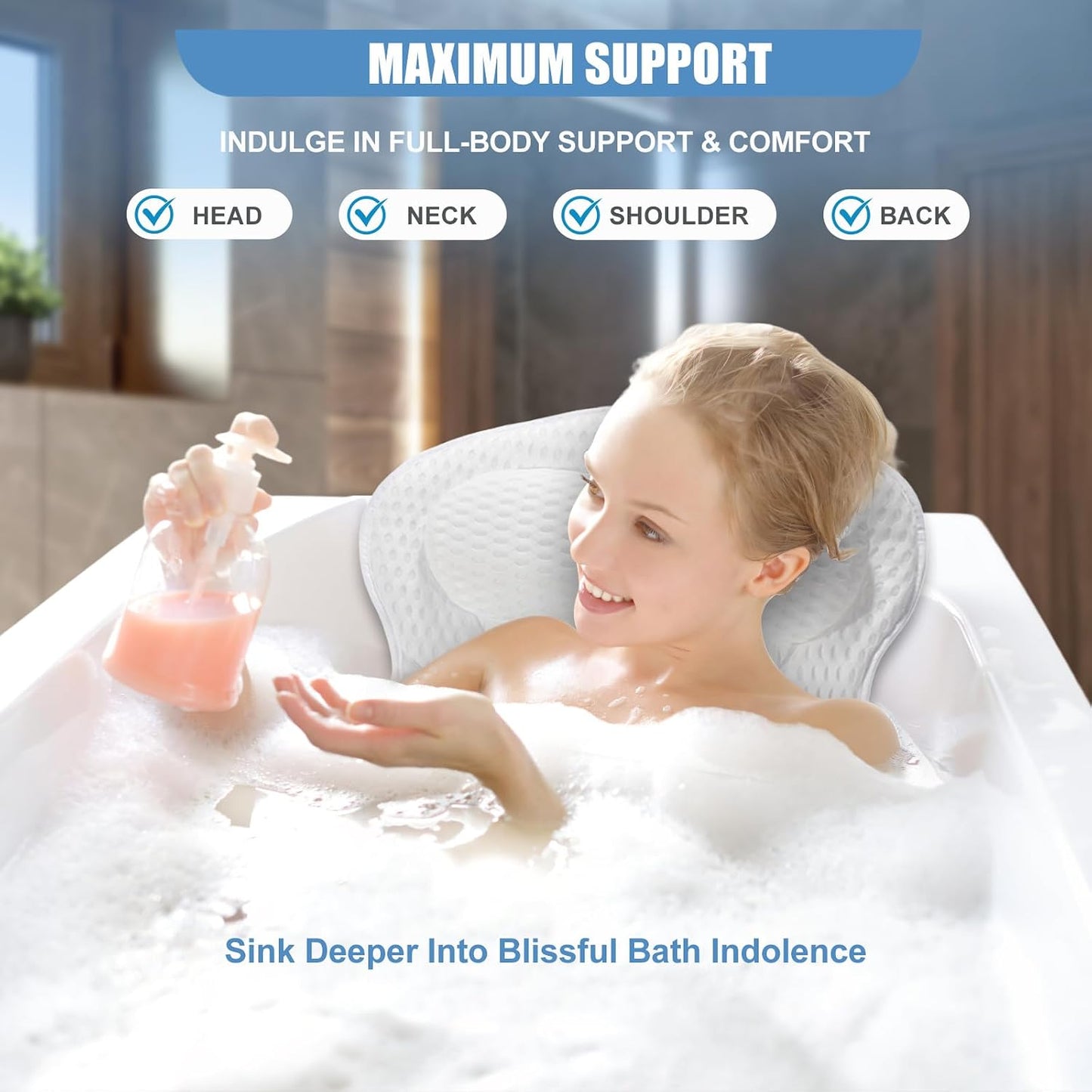 Bath Pillow for Bathtub, Non-Slip Head & Neck Support with 7 Suction Cups, 4D Air Mesh Quick Dry Waterproof, Ergonomic Spa Gift, Machine Washable, White