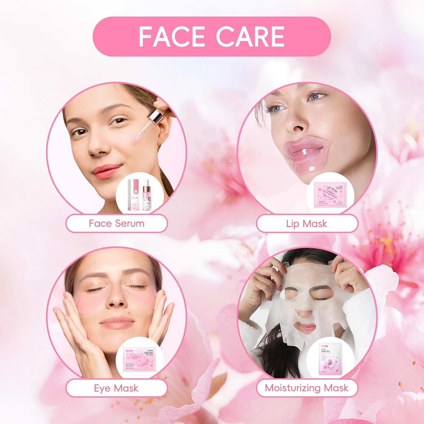 LAIKOU Sakura Pamper Gifts for Women, 8PCS Luxury Skincare Set, Face Serum, Masks, Scented Candle, Bath Bomb & Salt, Unique Self Care Package, Mothers Day Birthday Gift for Her Friend Sister Mum Wife