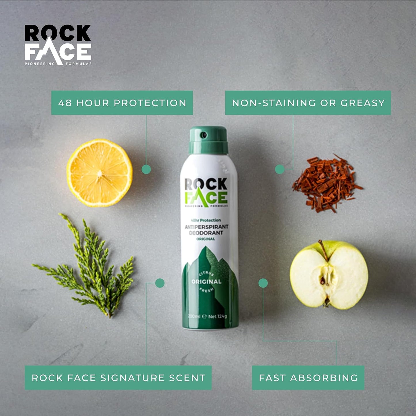 Rock Face Antiperspirant Deodorant for Men - Original Fresh Citrus Scent, 200ml Spray, 48 Hour Protection, Non-Staining