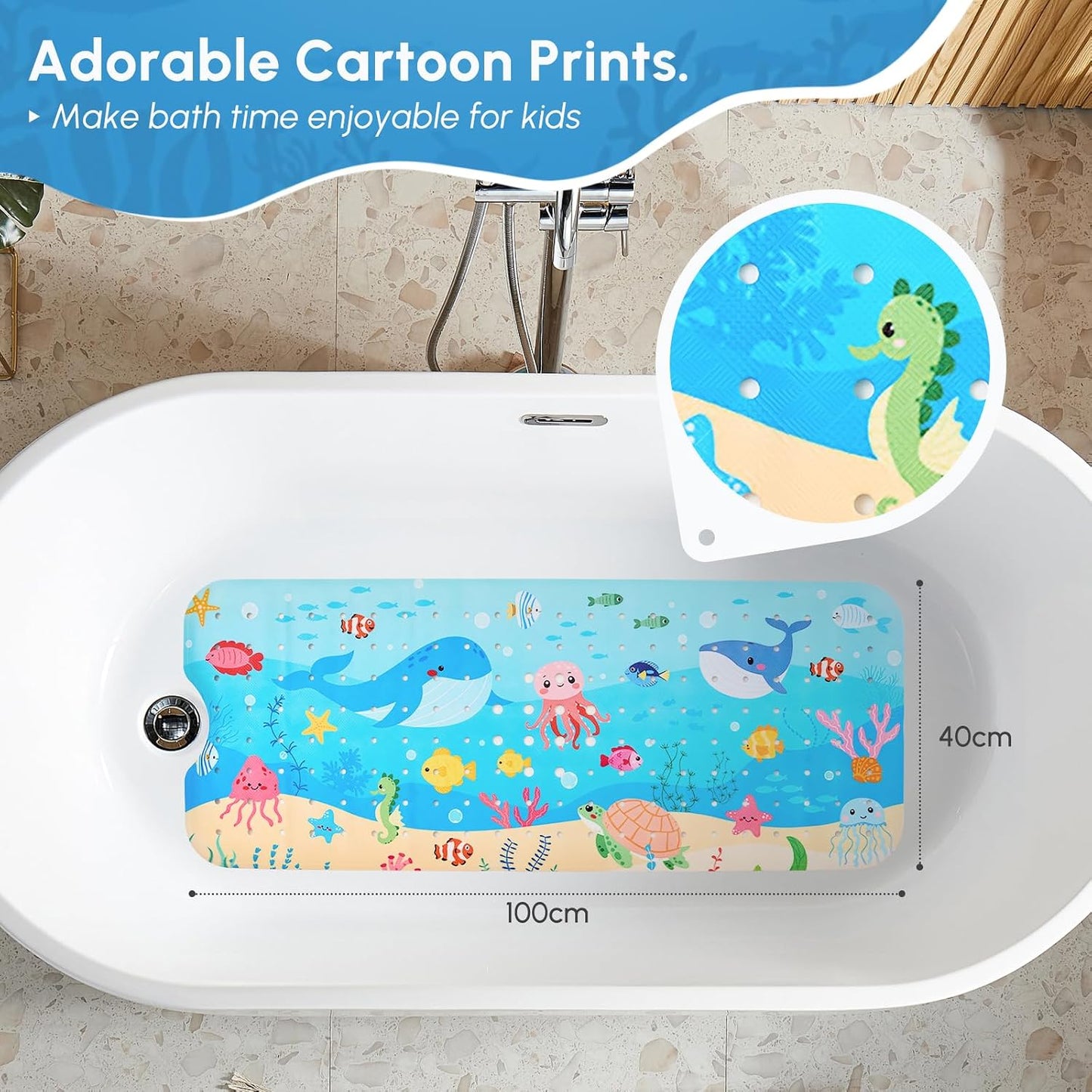 WELTRXE Baby Bath Mat Non Slip Anti Mould, 100x40cm Extra Long Bathtub Mat for Kids, Large Shower Mat for inside bath, Soft Tub Mat with Strong Suction Cups, Cartoon Bathroom Mat, Whale