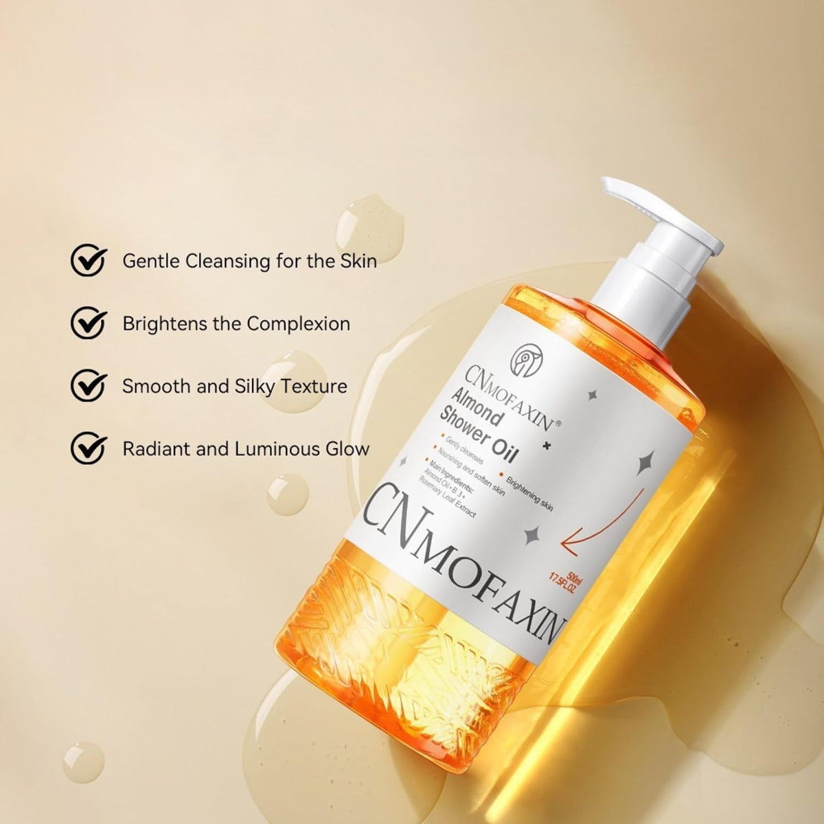 Almond Shower Oil Body Wash 500ml - Moisturising & Softening Body Cleanser with Vitamin B3, Rosemary & Lavender - Gentle Shower Gel for Smooth, Radiant & Healthy Looking Skin