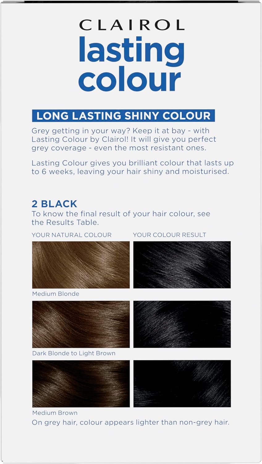 Clairol Lasting Colour Permanent Hair Dye | Ideal Grey Coverage | Shiny and Moisturised Hair | 2 Black