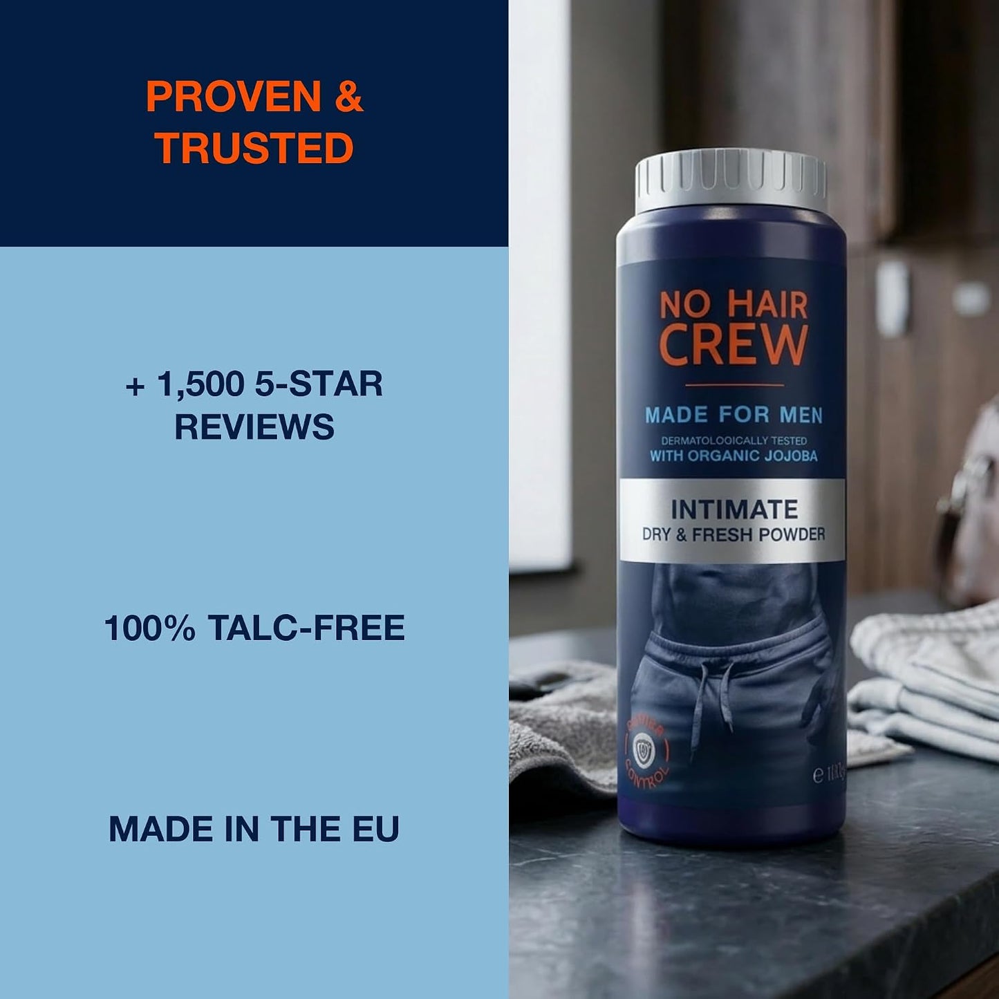 NO HAIR CREW Intimate Powder for Men 100 g – Fights Sweat, Odour & Chafing | Helps prevent irritation & moisture. Talc-free body powder for groin, intimate area & inner thighs. Long-lasting freshness.