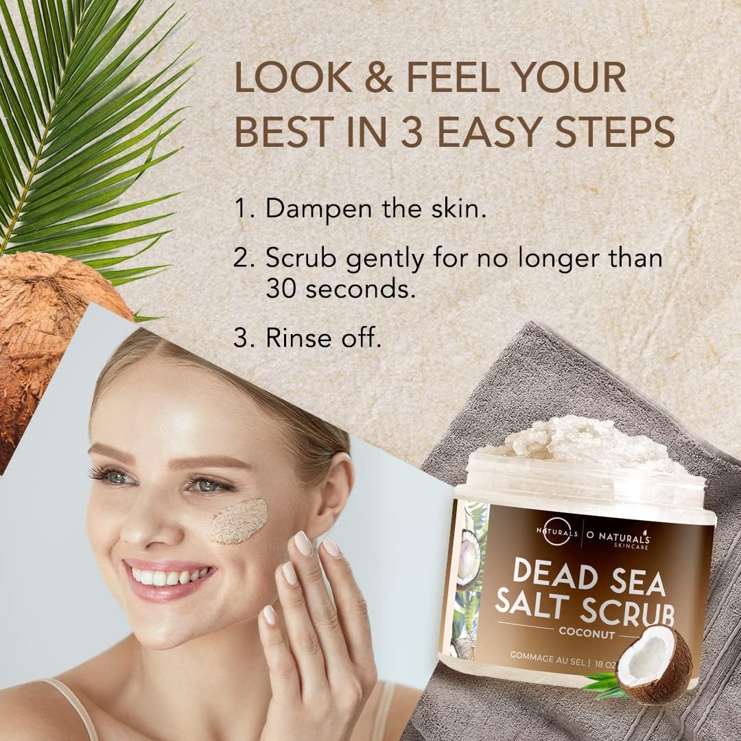 O Naturals Coconut Exfoliating Body Scrub with Dead Sea Salt & Almond Oil - Natural Salt Scrub for Smooth Skin - Hydrating Body Exfoliator