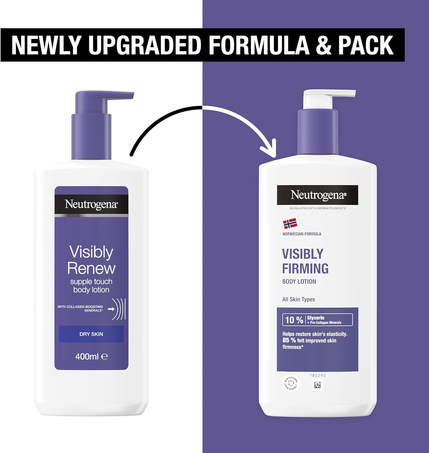 Neutrogena Norwegian Formula Visibly Renew Firming Body Lotion (1 x 400ml), Nourishing Body Cream Designed to Help Restore Skin's Elasticity, Moisturiser made with Glycerin for Skin Hydration