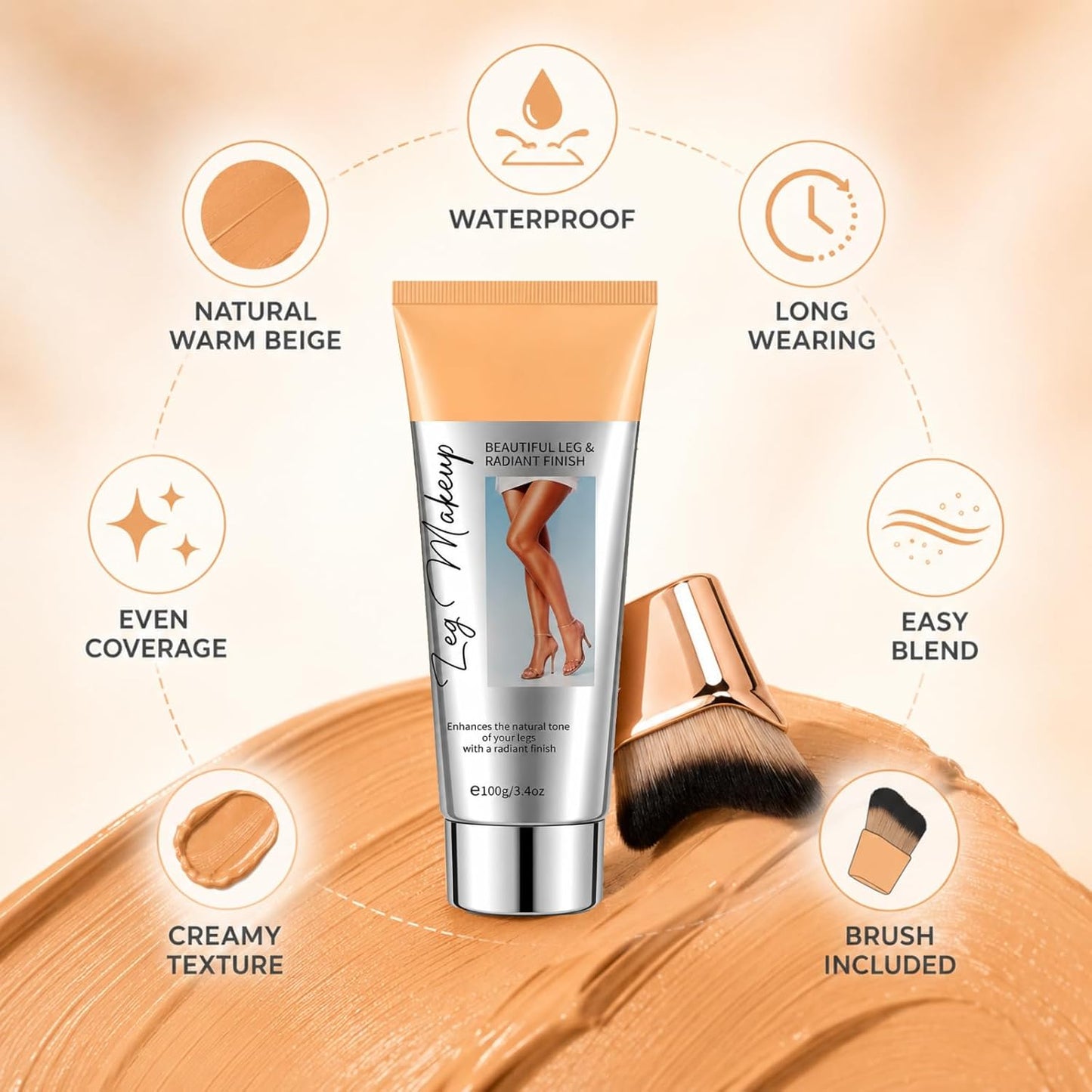 Leg Makeup with Brush, Waterproof Body Makeup for Legs and Body | Natural Warm Beige, Buildable Coverage for Skin, Body Concealer, 100g