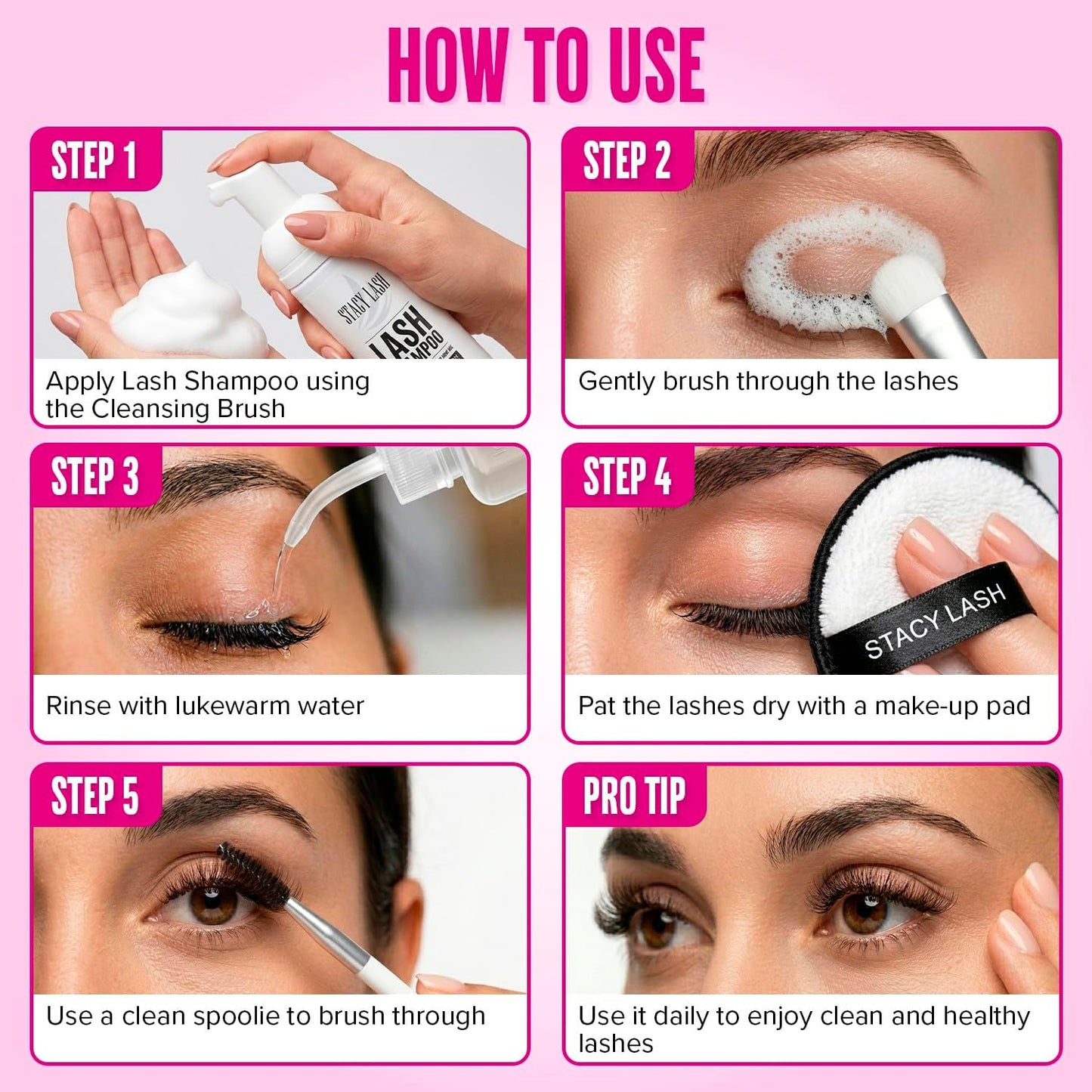 Lash Shampoo 50ml Kit by STACY LASH Foaming Cleanser with Eye Lash Spoolies & Rinse Bottle & Cleansing Pad & Brush for Eyelash Extensions & Clusters & Natural Eyelashes