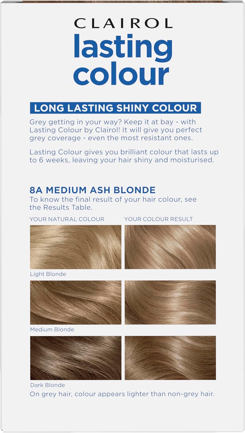 Clairol Lasting Colour Permanent Hair Dye | Ideal Grey Coverage | Shiny and Moisturised Hair | 8A Medium Ash Blonde