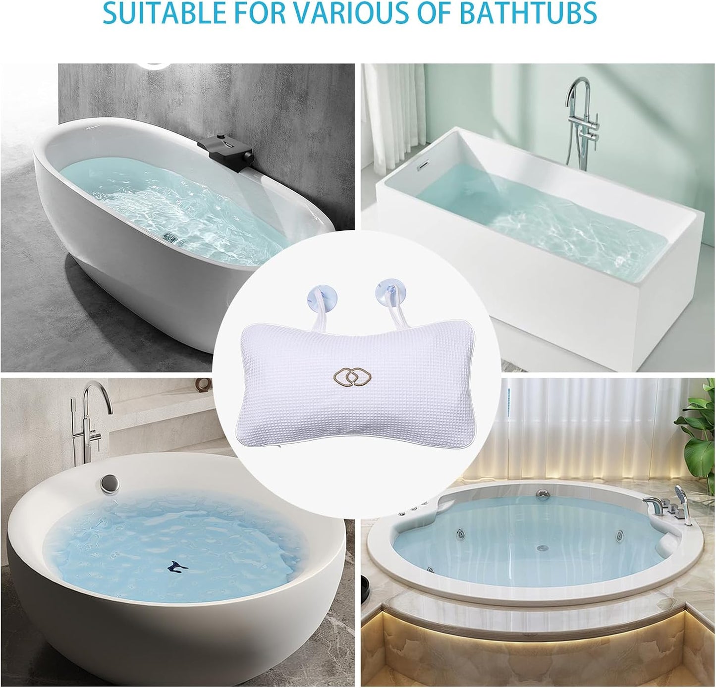 YUET Anti-slip Non-Slip Bathtub Pillow Home Spa Bath Inflatable Cushion Head Neck Back Shoulders Rest Relax Suction Cup Bathroom Support for Hot Tub Luxurious Headrest