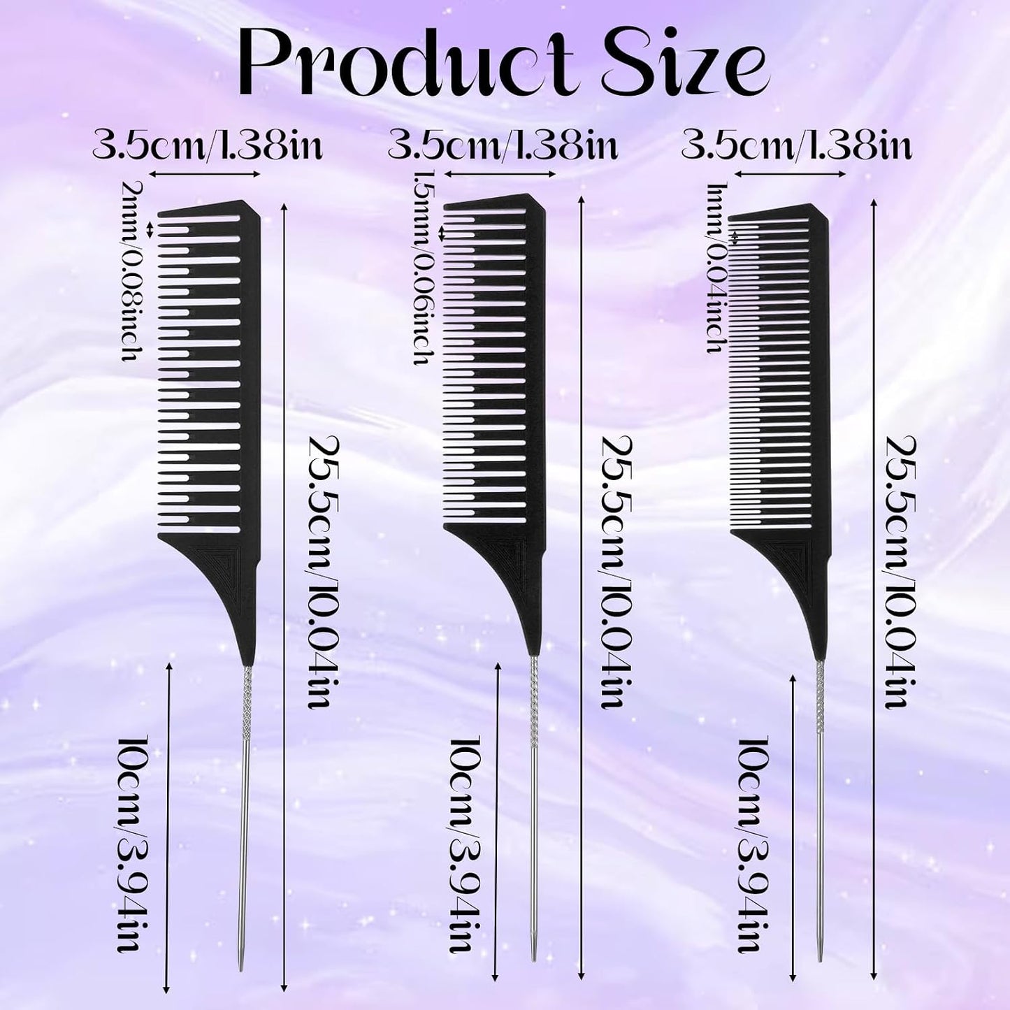 3Pcs Highlighting Comb Professional Hair Dye Combs 3 Sizes Highlight Comb Weaving Combs with Long Stainless Steel Rat Tail for Home and Salon(Black)