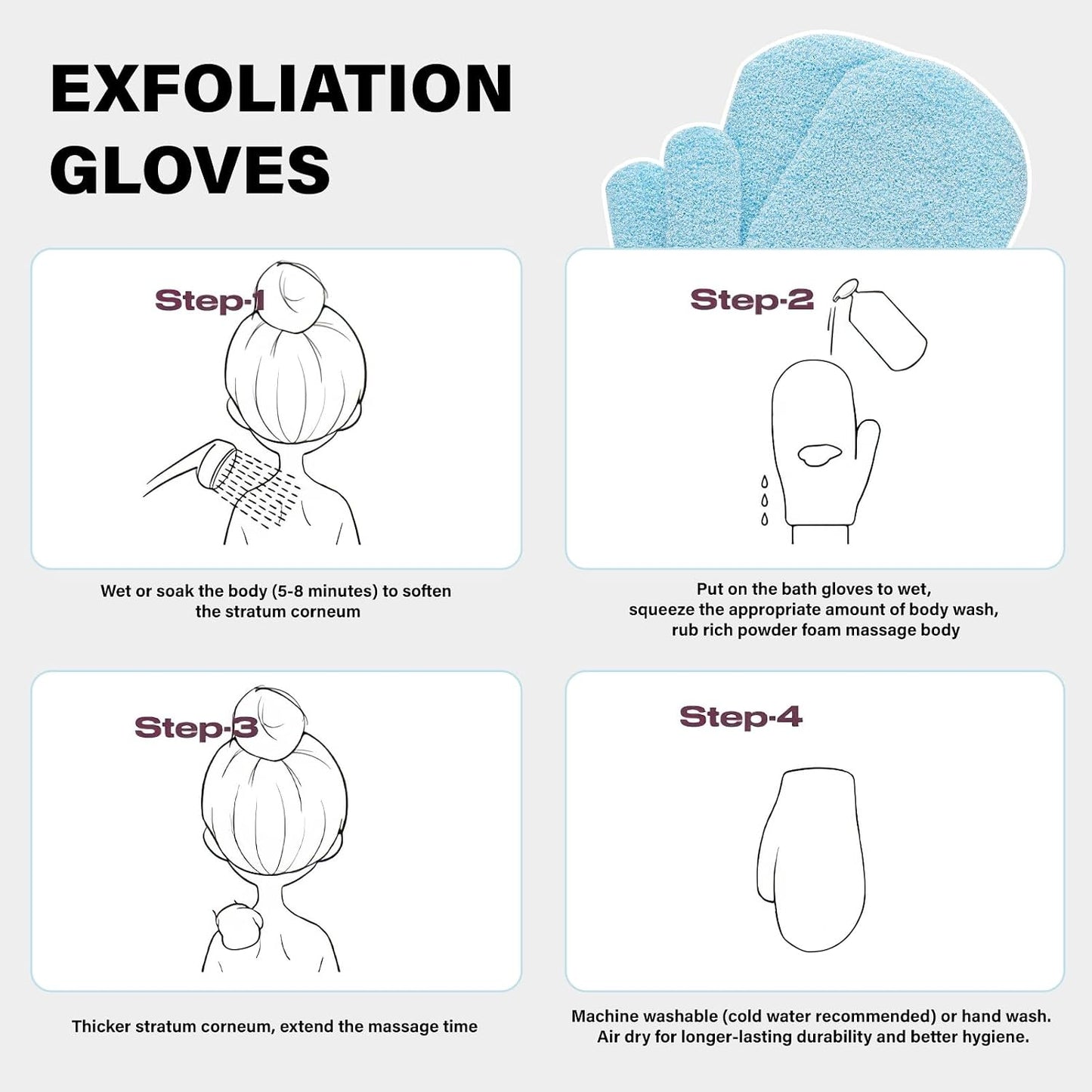 Exfoliating Gloves, 2pcs Bath and Body Exfoliator Mitts, Bamboo Shower Gloves, Scrubs Away Ingrown Hair and Dead Skin, for Shower, Spa, Massage and Dead Skin Cell Remover Loofah (Blue)
