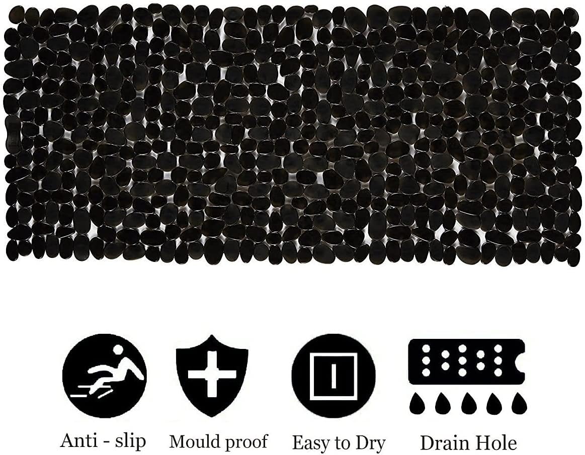 Marsheepy Non-Slip Pebble Bath Mat,Extra Long Anti Slip Bathtub Shower Mat with Suction Cups and Drain Holes for Bathroom,Machine Washable,40 x 88 CM,Black