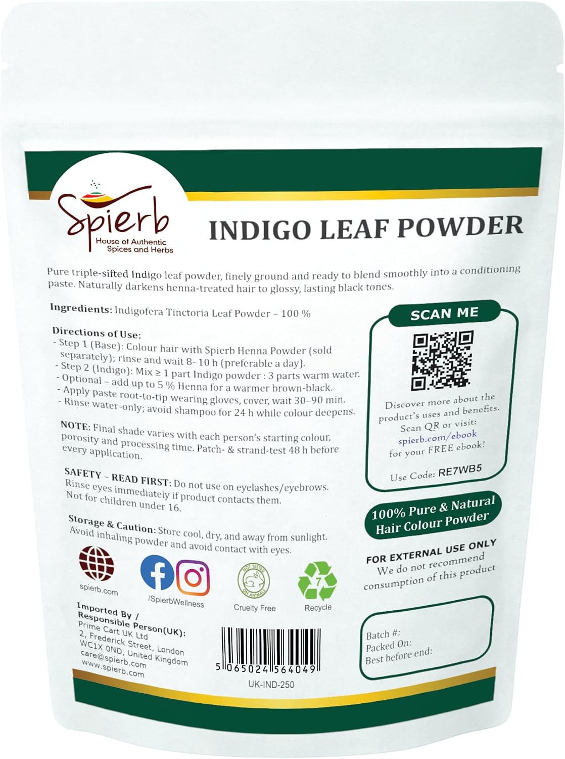 Spierb Indigo Powder for Hair (250 g) | 100 % Pure Indigofera tinctoria Powder | Natural Indigo Hair Dye for Deep Blue → Jet Black Shades | Plant‑Based Alternative to Chemical Black Hair Dye