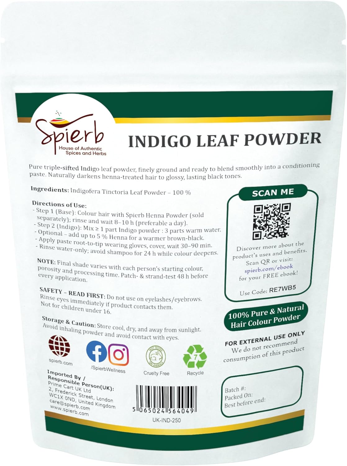 Spierb Indigo Powder for Hair (250 g) | 100 % Pure Indigofera tinctoria Powder | Natural Indigo Hair Dye for Deep Blue → Jet Black Shades | Plant‑Based Alternative to Chemical Black Hair Dye