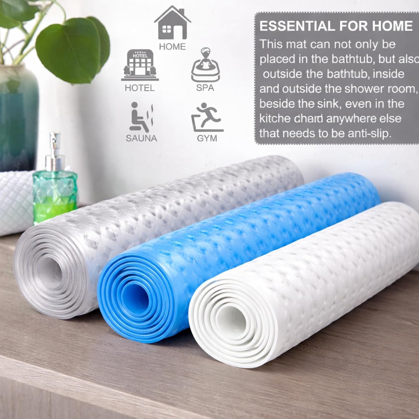 Non Slip Bath Mat - Extra Long Non-Slip Anti Mould Shower Mat - Machine Washable Anti Slip Bathroom Floor Mats with Strong Rubber Suction Cup Grip - Blue 100 x 40 x 0.5 cm