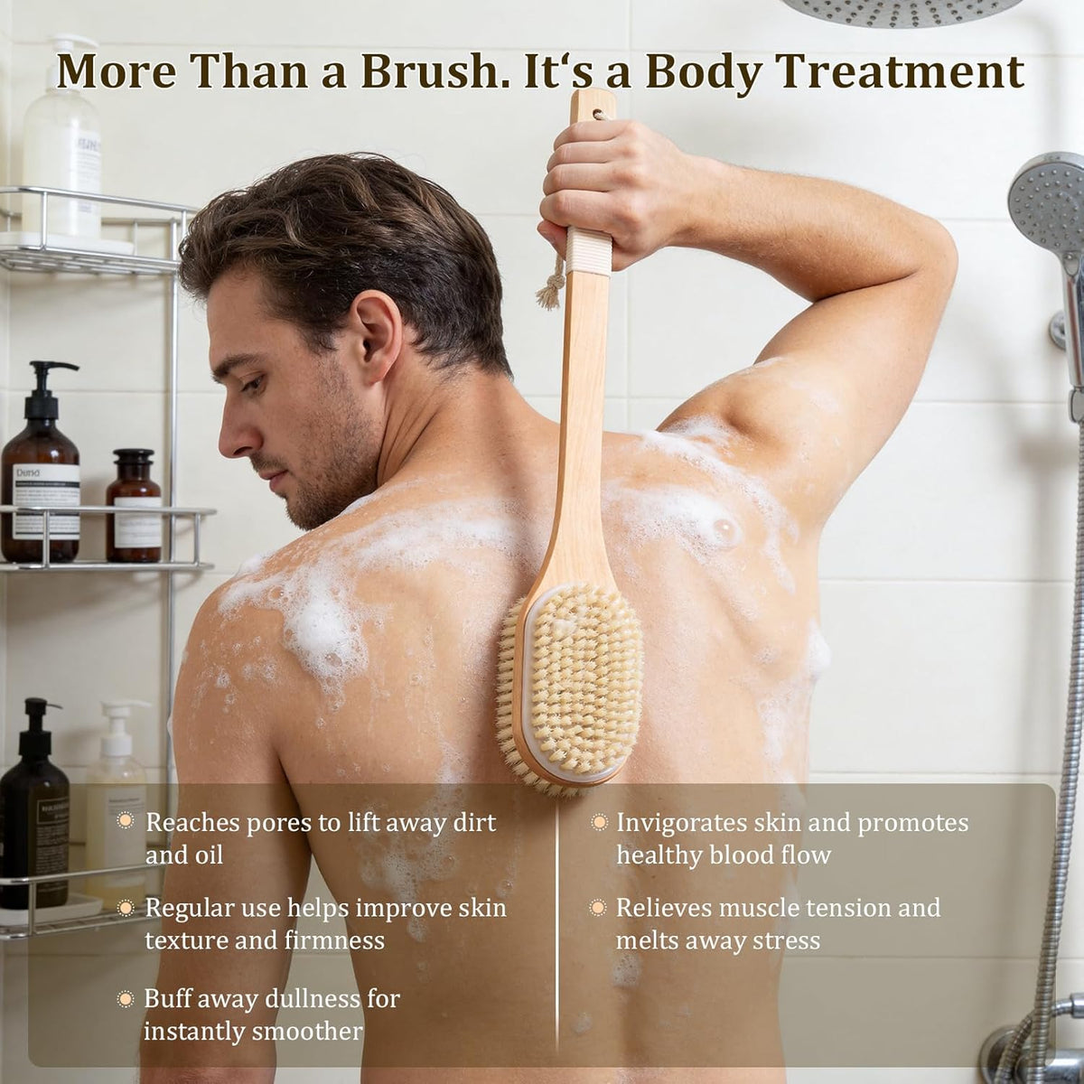 Back Scrubber with Long Handle 43CM - Double Sided Body Brush for Use in Shower & Dry Brushing, Exfoliating with Soft & Firm Bristles for Shower, Back, Feet Men & Women, Seniors