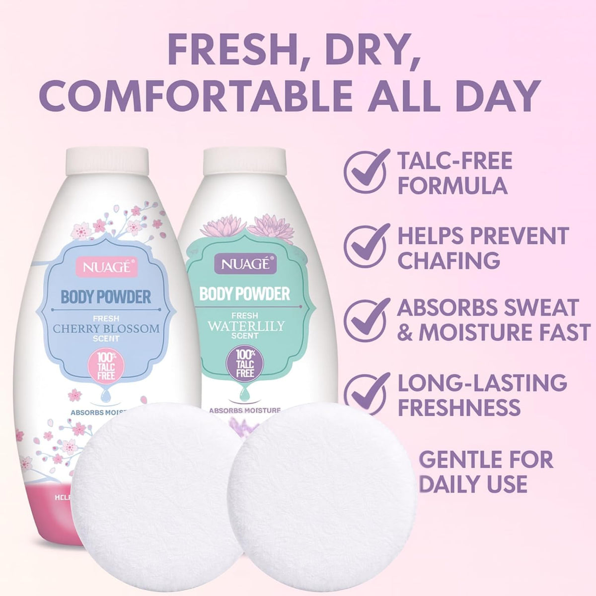 New Nuage Talc Free Body Powder, Cherry Blossom and Waterlily Scent, 250g, 2 Pack with 2X Upgraded Powder Puffs, Anti-Chafing, Absorbs Moisture for Men & Women | AJ Traders Bundle |