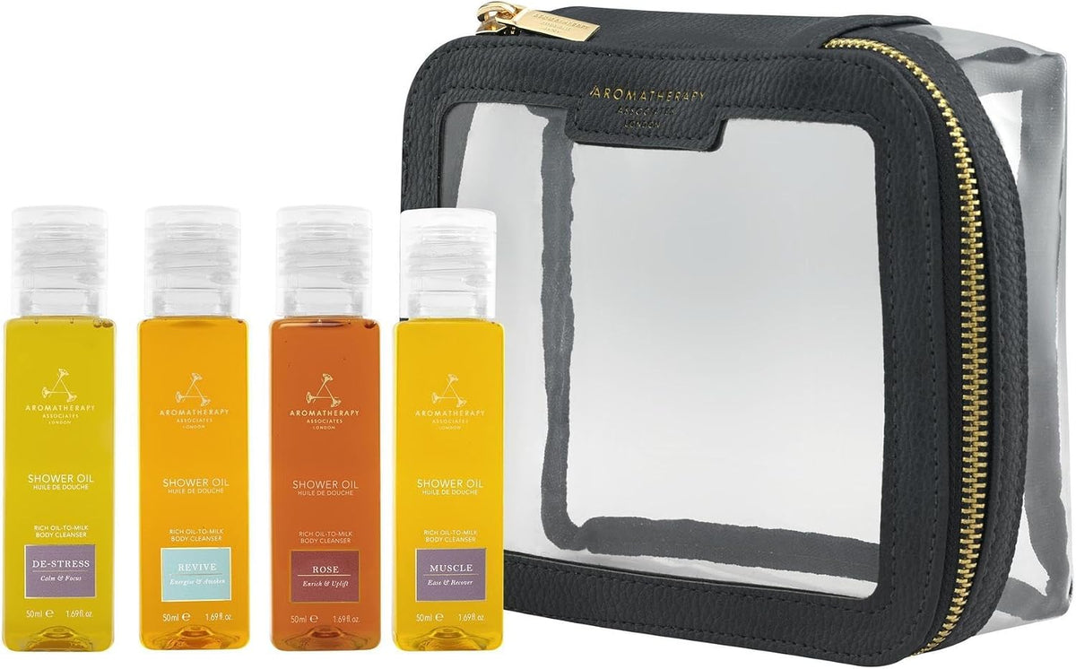 Aromatherapy Associates Shower Oil Collection - Essential Oil for Cleansing - Made of Natural Oil Blends - Aromatic Oils to Awaken Your Senses - Luxurious Oil-to-Milk Formula, 4 x 50ml