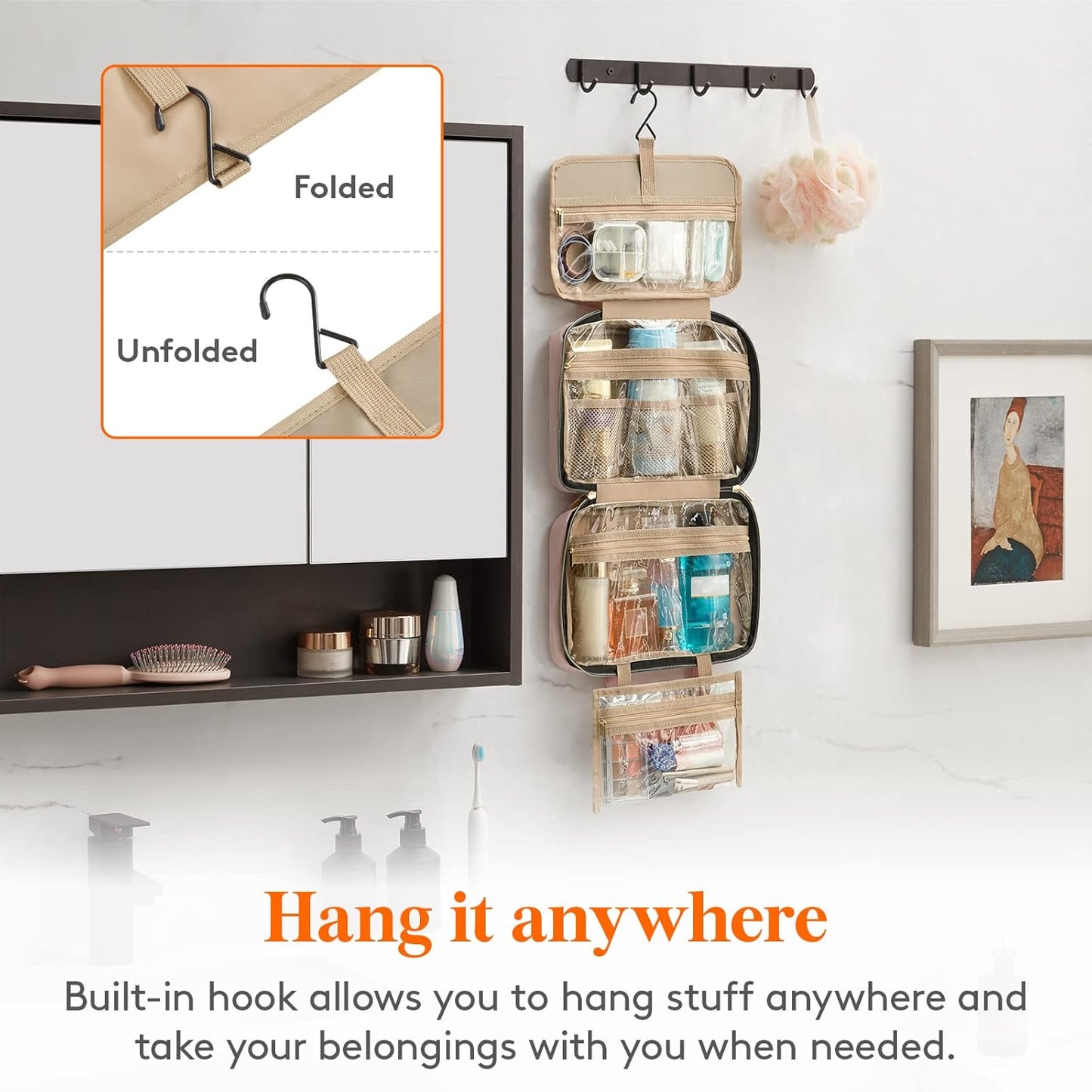 Lifewit Travel Toiletry Bag, Large Hanging Makeup Bag Organizer for Women, Transparent Travel Cosmetic Bag with Hanging Hook for Full Size Bottles, Vacation Essentials, Medium, Pink