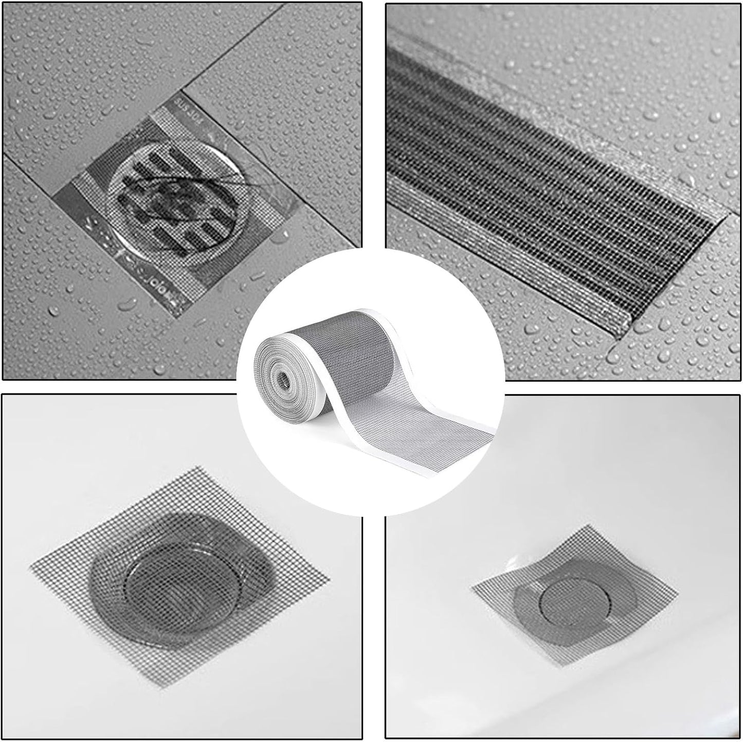Shower Hair Strainer 100mm x 10m, Self-Adhesive Shower Drain Strainer, Disposable Mesh Hair Catcher with Plastic Scraper, Drain Filter for Showers, Bathtubs, and Kitchens