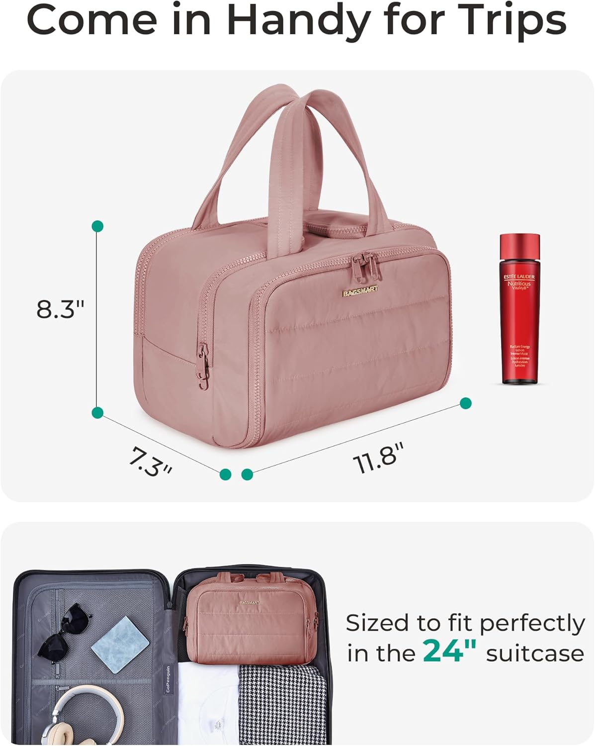 BAGSMART Large Toiletry Bag Travel Makeup Bag, 2 Full Open Upright Compartments, Cosmetic Wash Bag with Wet & Brushes Pocket, Essentials Accessories for Women, Dark Pink