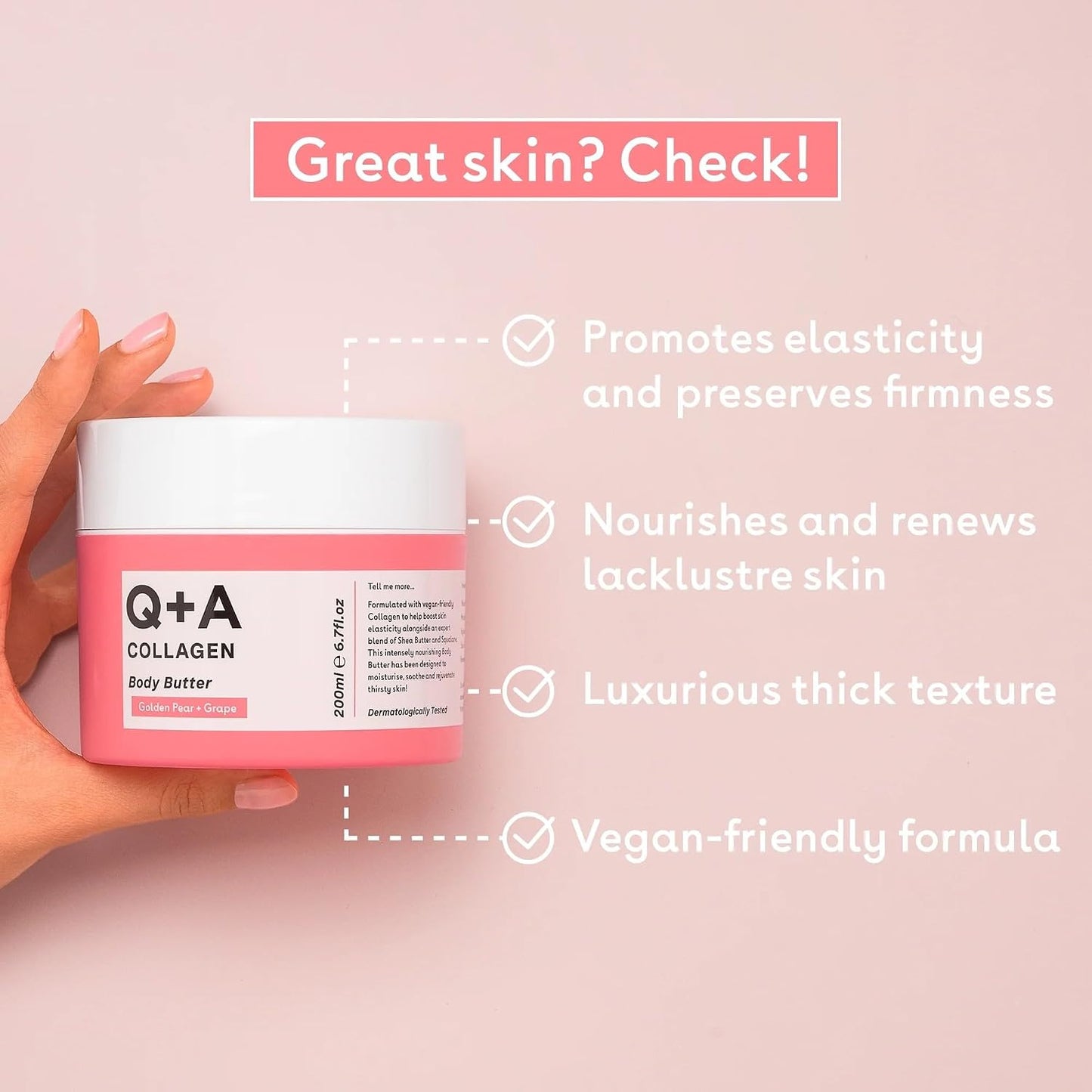 Q+A Collagen Body Butter: Luxuriously Rich, Intensely Moisturising Vegan Formula with Hydrolysed Vegetable Protein, Shea Butter, Squalane, and Golden Pear and Grape Scent for Soft, Supple Skin, 200ml