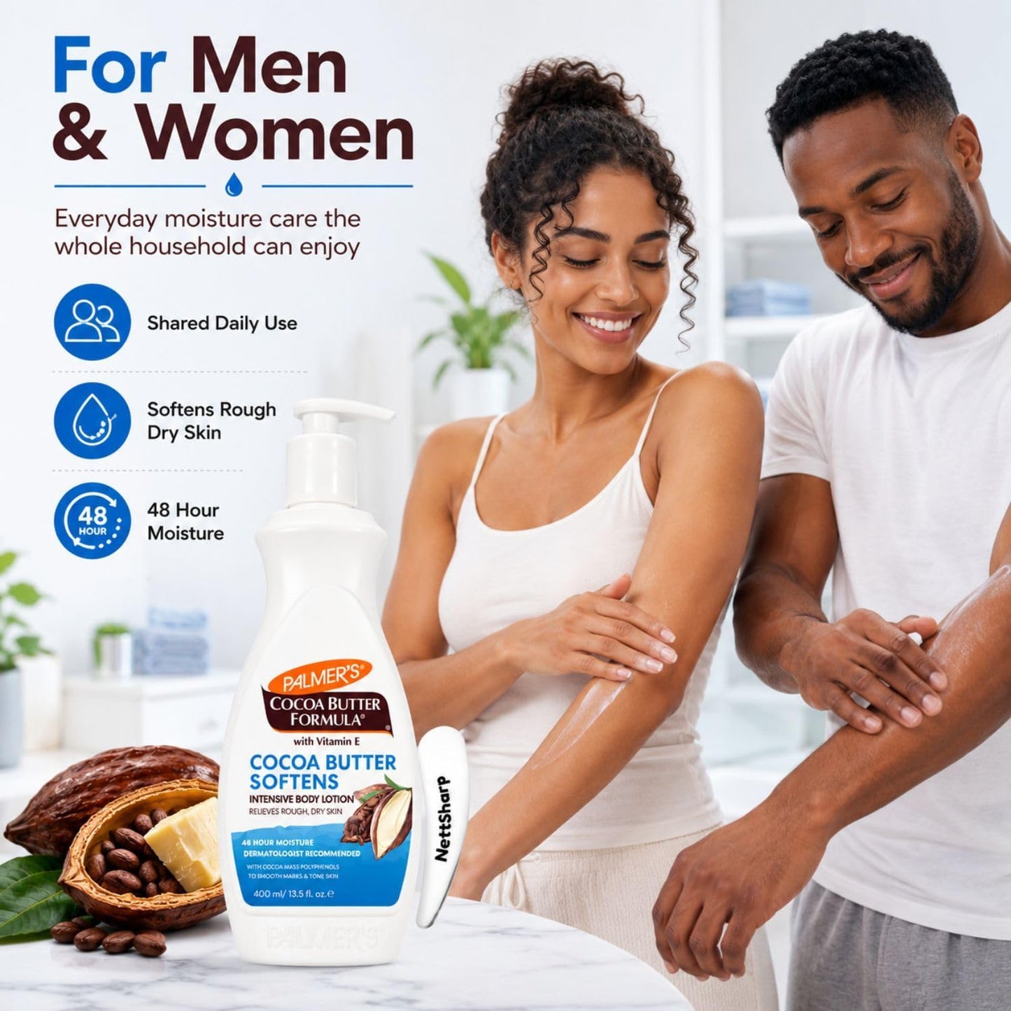 Palmer's Cocoa Butter Body Lotion 400ml with Pump and Cosmetic Spatula – Daily Moisturiser with Vitamin E for Dry Skin – 48Hr Hydration, Smoothes Marks and Evens Skin Tone